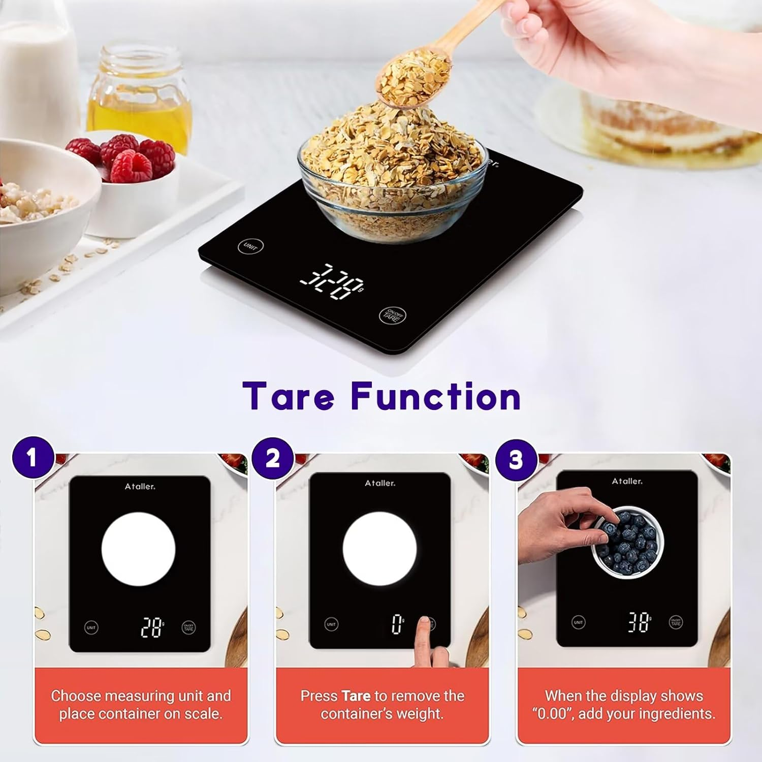 Ataller Digital Food Scale, Tempered Glass Panel, 10Kg/22Lb Capacity, Kitchen Weighing Scales with LED Display and 1G Increments for Baking, Cooking, Keto and Meal Prep, Black image number 5