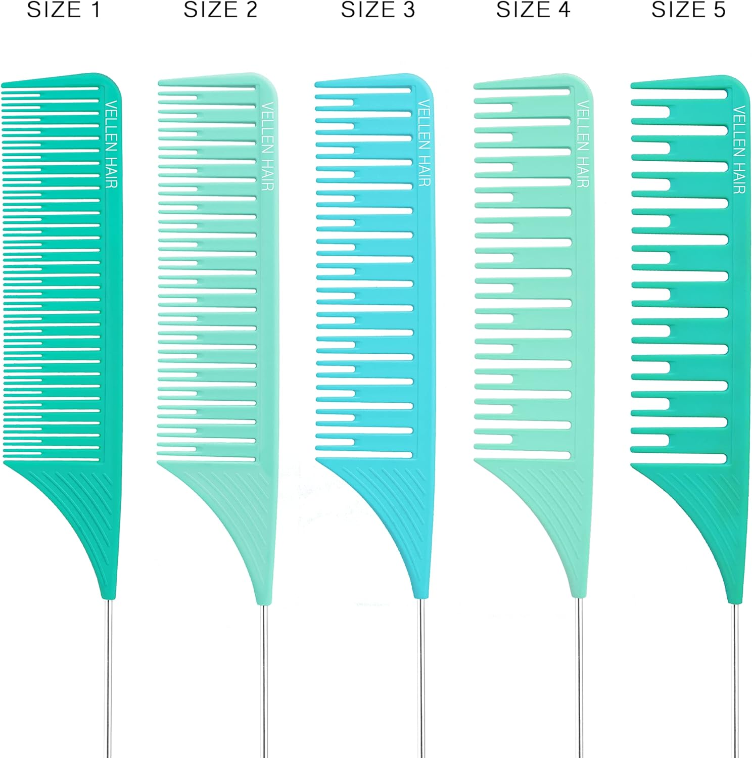 Vellen Professional Hair Highlighting Comb Set &ndash; 5 Sizes for Balayage & Foiling &ndash; Heat Resistant PEI Plastic (220&deg;C) &ndash; Anti-Static, Durable, Chemical Resistant &ndash; Includes Extra Long Stainless Steel Needle &ndash; Stylist & Salon Grade (Mint/Blue, 5Pcs)