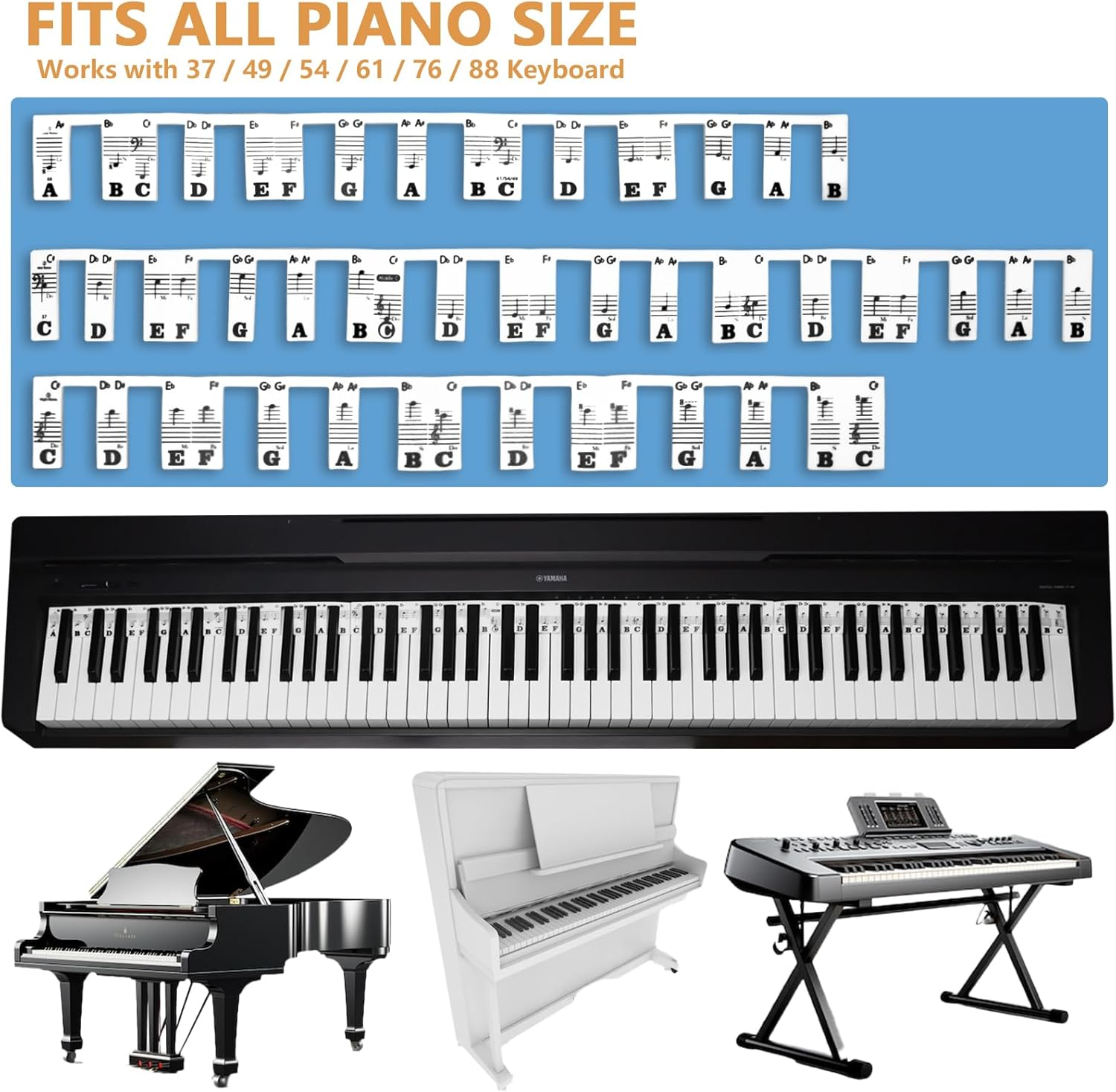 Azymi Removable Piano Keyboard Note Labels, Piano Letters for Keys 88/76/ 61/54/ 49/37, Reusable Silicone Strips Black Large Bold Letter for Kids Beginners image number 3