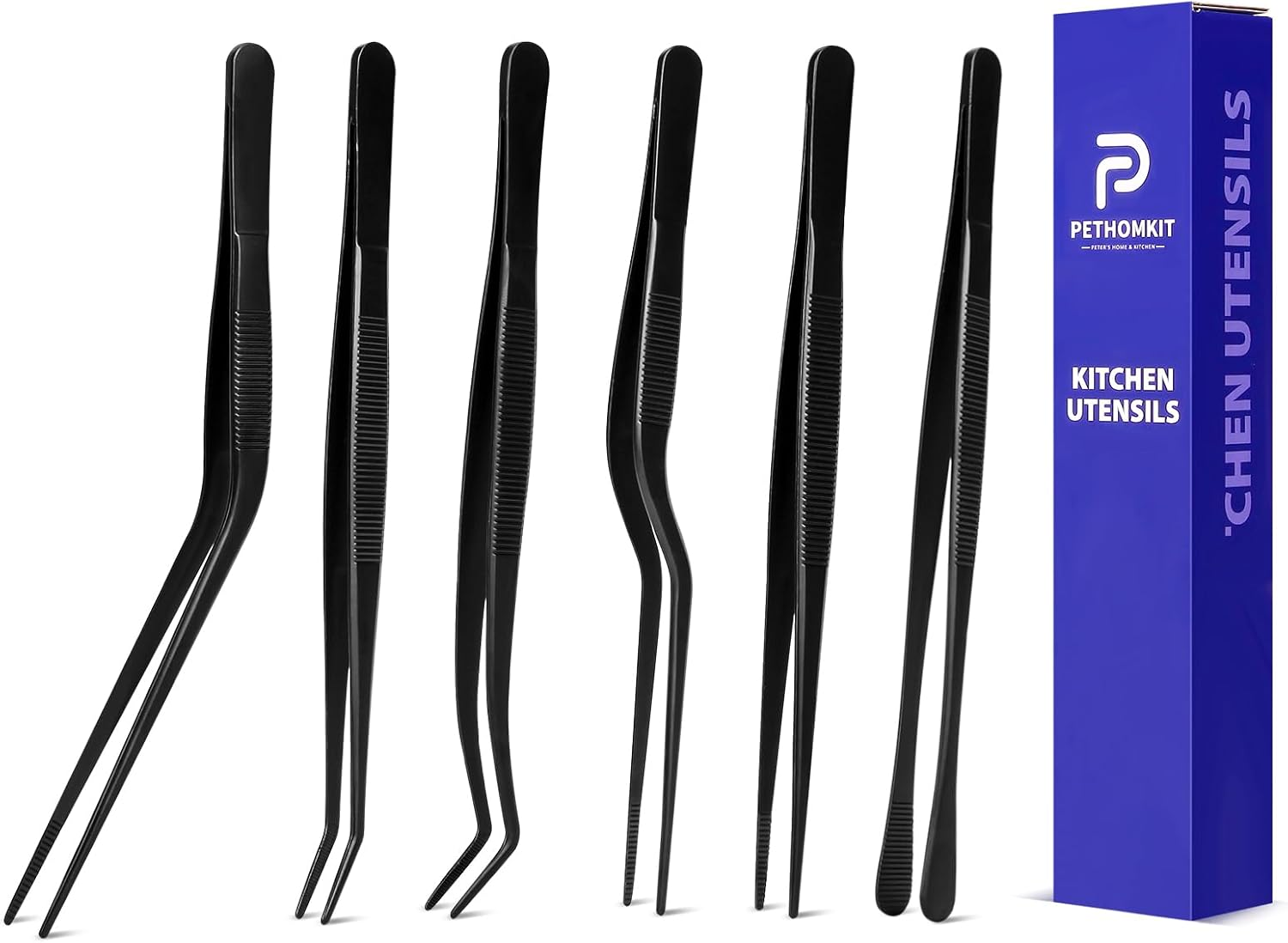 Kitchen Tweezer Tongs Set,6 Pcs Kitchen Tweezers,6.3" Cooking Tweezers Set,Stainless-Steel Food Chef Culinary Tweezers Tongs for Baking Decorating Feeding Plating,Black image number 1