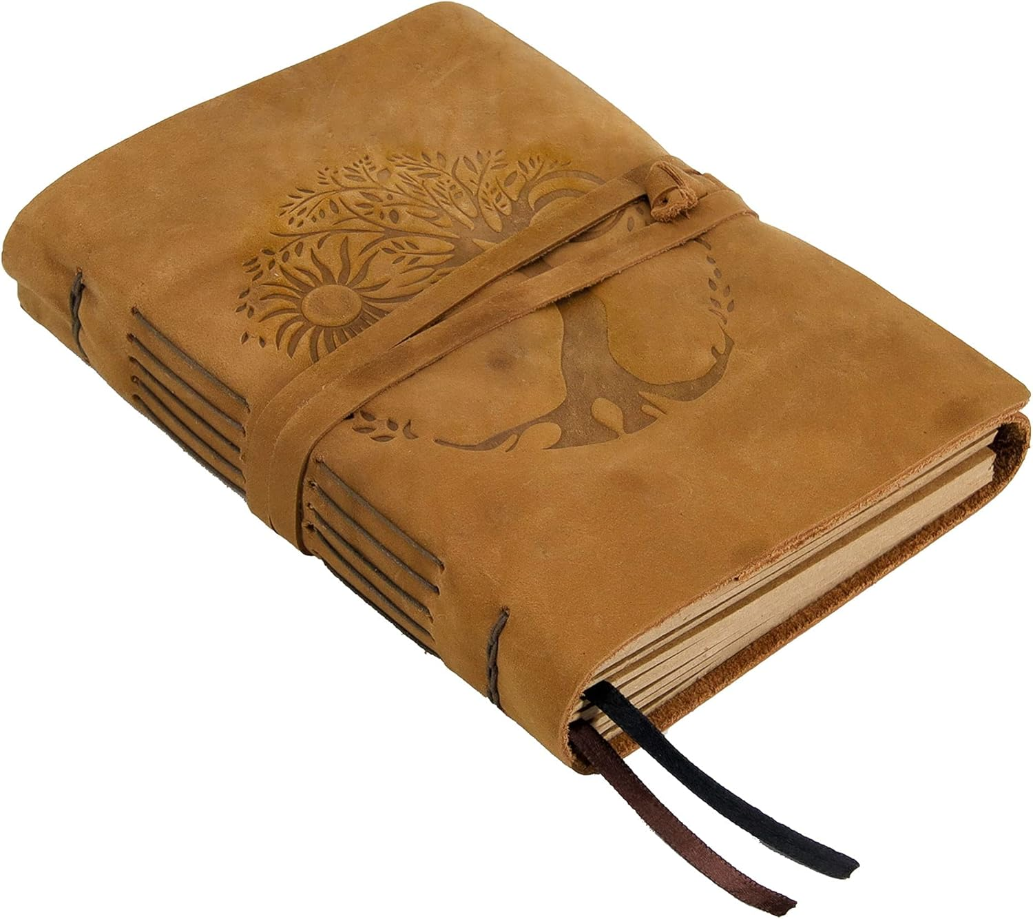 Leather Journal for Women and Men Embossed 8 X 6 Inch Handmade Lined Craft Paper Tree of Life Sun and Moon Notebook Writing Notepad Book of Shadows Journal image number 3