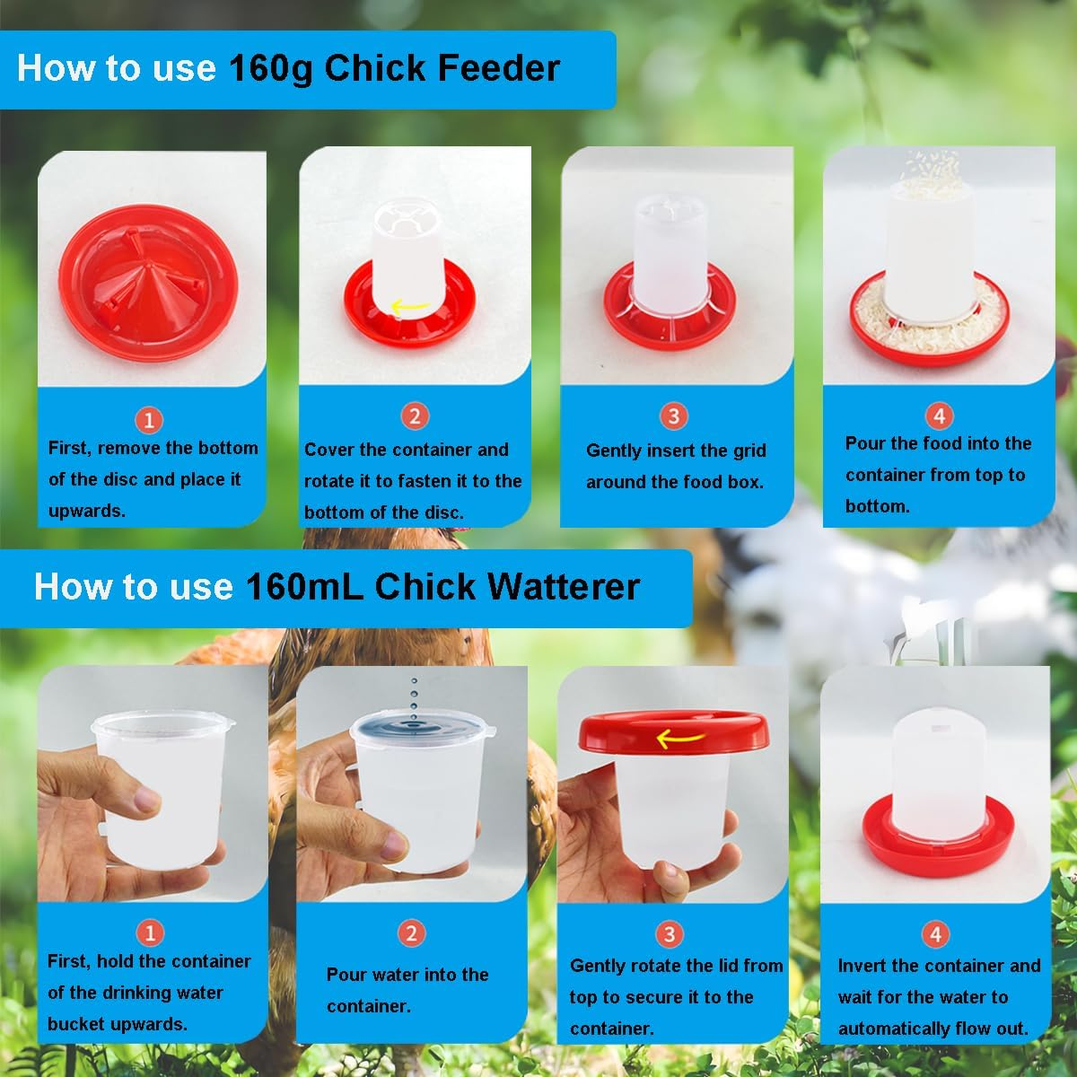 Automatic Chicken Feeder and Chicken Waterer Kit,160G Chick Feeder and 160Ml Chick Waterer,Chicken Water Dispenser,Chicken Drinker,Easy Clean Plastic Feeding and Watering Feeder for Chicks