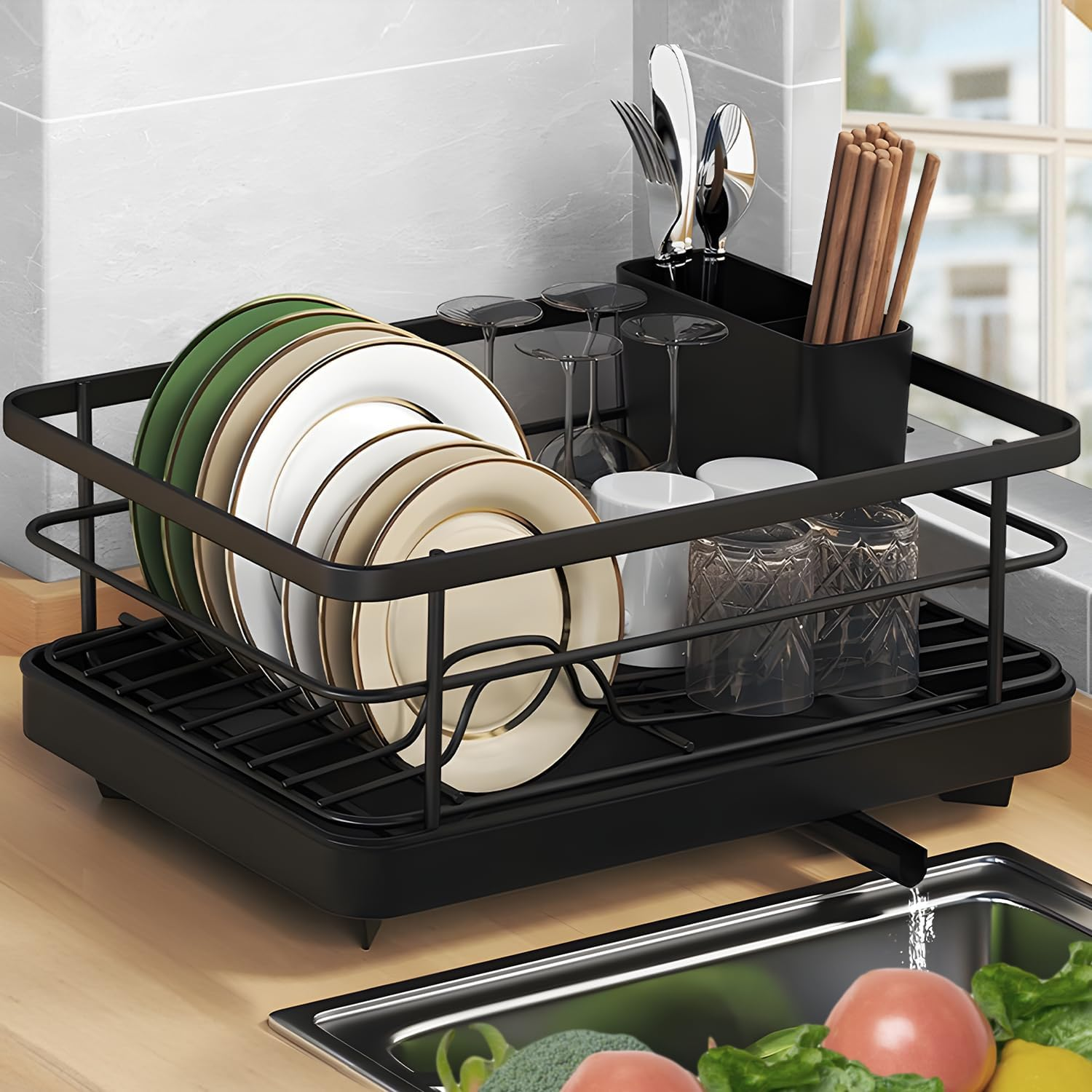 Stainless Steel Dish Drainer with Cutlery Holder & Drip Tray &ndash; Space-Saving Kitchen Counter Organiser, 40.5 X 30.5 X 13.0 Cm, No Assembly Needed, Rust-Resistant & Durable (White, Single Layer) image number 5