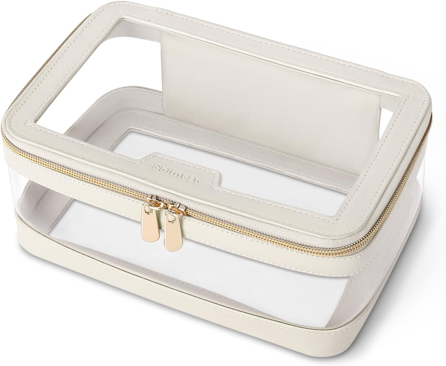 Soimeat Clear Makeup Bag, Leather Travel Makeup Case Toiletry Bag, Portable Cosmetic Bag Case, Transparent Waterproof Cosmetic Organizer Storage Bag for Women, Off-White, Large, Single Bag