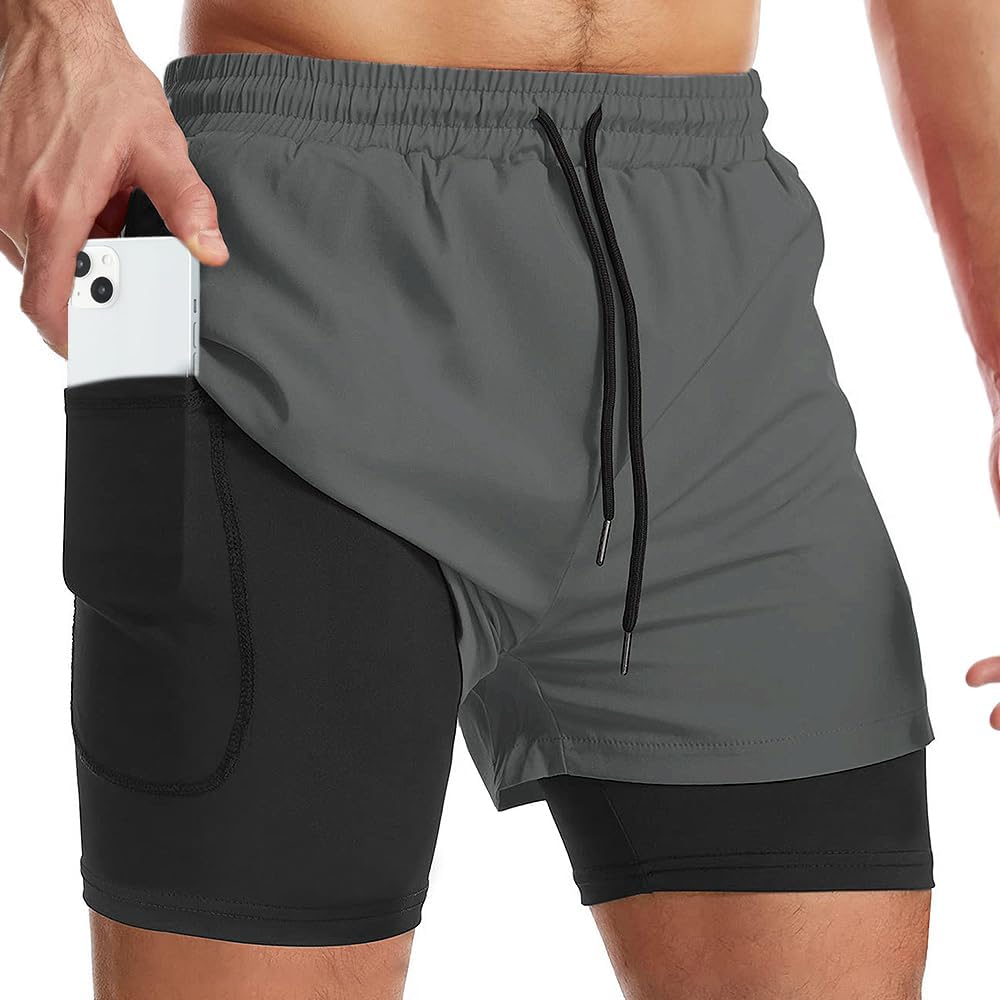 WOTOW Men'S Running Shorts with Liner, Quick Dry Athletic Shorts, Lightweight Outdoor Gym Workout Shorts with Towel Loop and Zipper Pockets