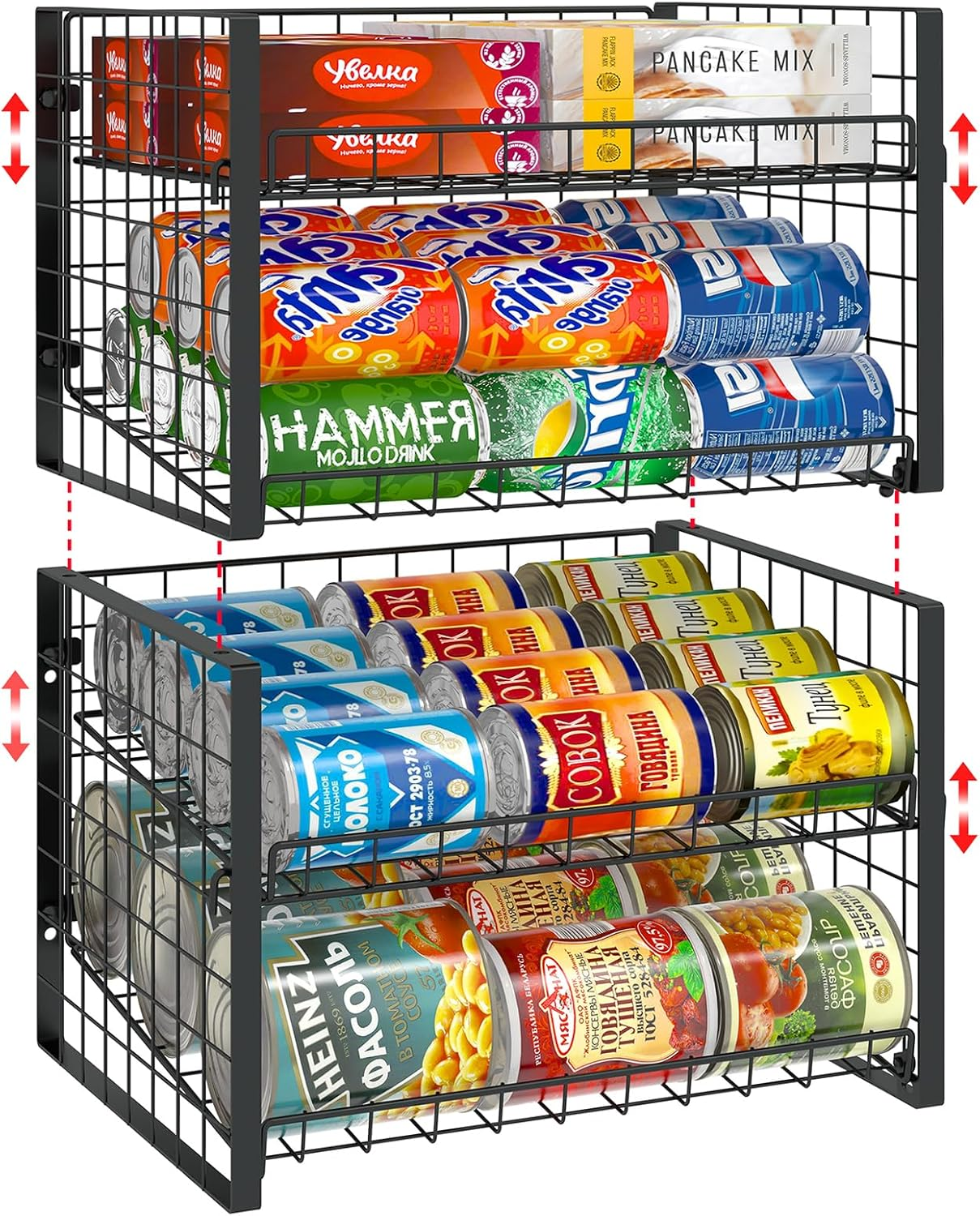 Jksmart 2-Tier Stackable Can Rack Organizer for Pantry - Adjustable Dispenser Holds up to 62 Cans, Storage Holder for Various Ounces of Canned Food, Soda Drinks - Black, 2 Pack (Patent Pending) image number 1