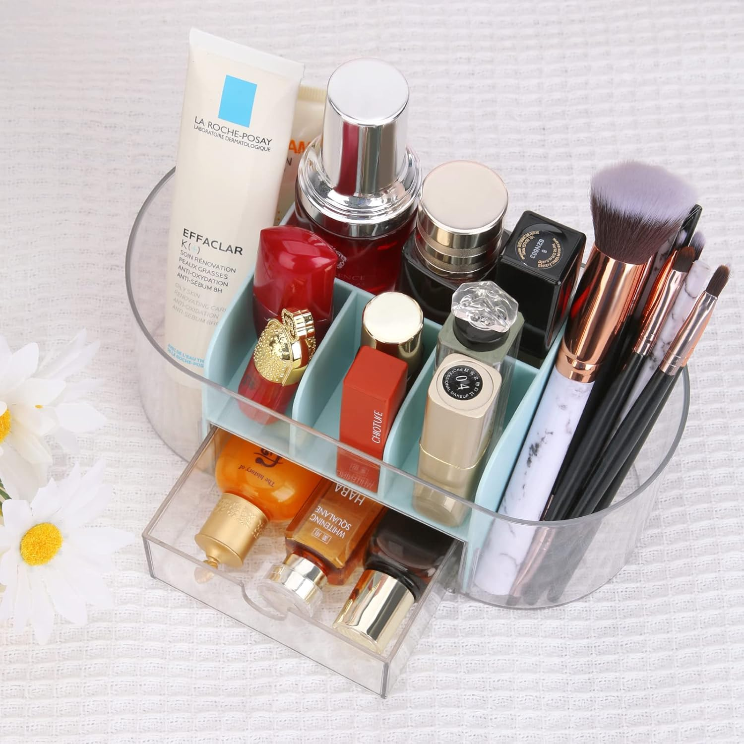 LETURE Clear Desk Organizer with Drawer, Acrylic Pen Pencil Markers Holder, Clear Office Supplies and Accessories,Desktop Organizer for Room College Dorm Home School (Blue) - Blue image number 3