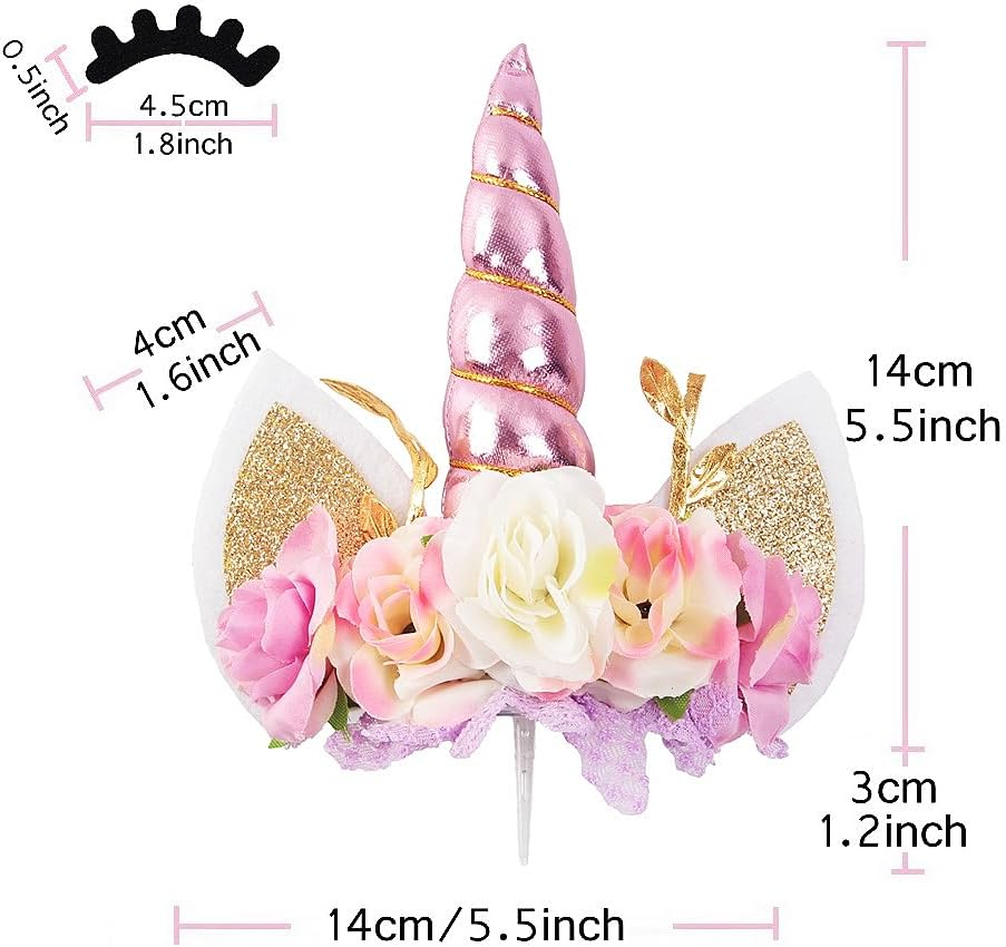 Nishine Rose Floral Unicorn Cake Topper Birthday Party Cake Decoration (Pink&Ivory) image number 1