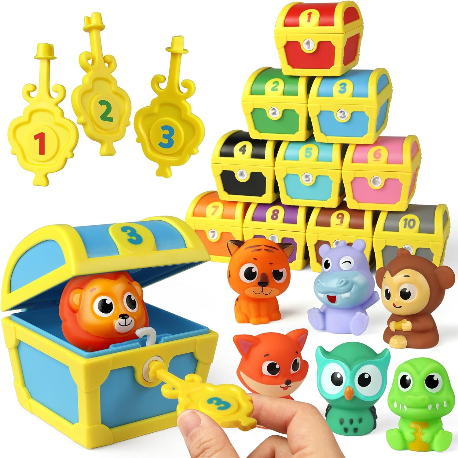 Coogam Fine Motor Skill Toys for Toddlers, 10Pcs Surprise Animals Finger Puppets Treasure with Number Locks, Matching Color Sorting Pirate Hunt Game, Learning Montessori for 3 4 5 Year Old image number 4