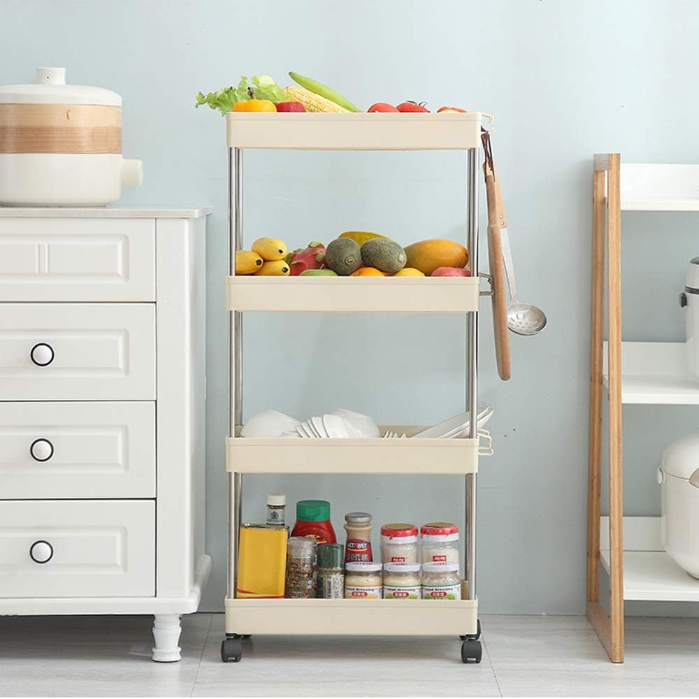 Storage Cart 4 Tiers Unit Shelf Rack with Wheels Slim Cart Tower Organizer for Kitchen Plastic & Stainless Steel White image number 5