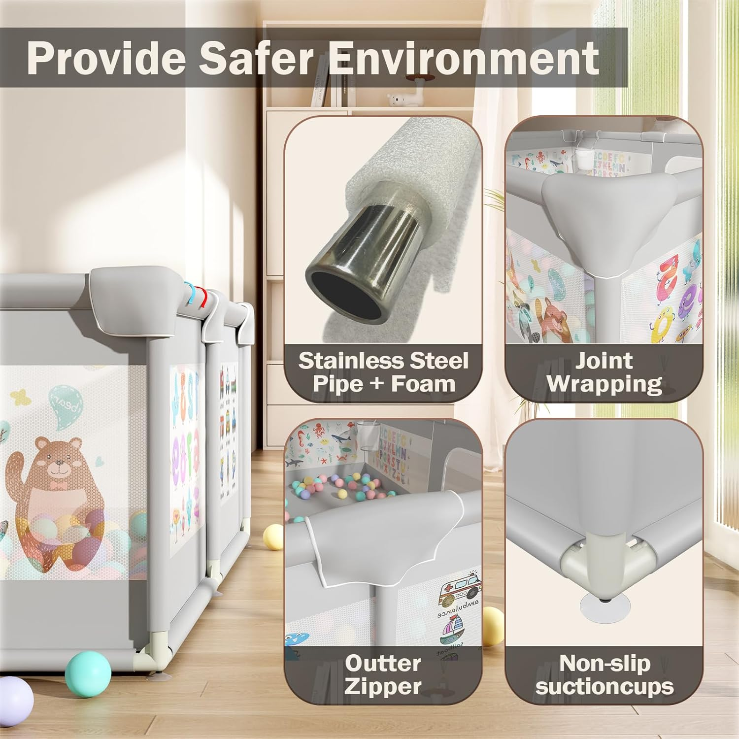 200X150Cm Playpen Baby, Extra Large Play Pen for Toddlers with Pattern Anti-Slip Sturdy Baby Play Yards Fence with 50 Balls, 4 Pull Rings, Balls Storage, Ball Storage & Zipper Door (Gray) image number 1