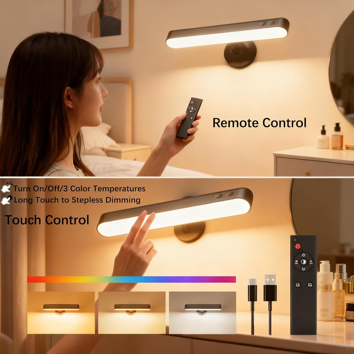 Rechargeable LED Wall Light | 7500Mah Wireless Remote Control Wall Sconce | 360 &deg;Rotating Touch Wall Lamp 3 Color Temperatures &15 RGB Colors | Wall Lights for Bedroom, Hallway, Stairs | 2 Pack image number 1