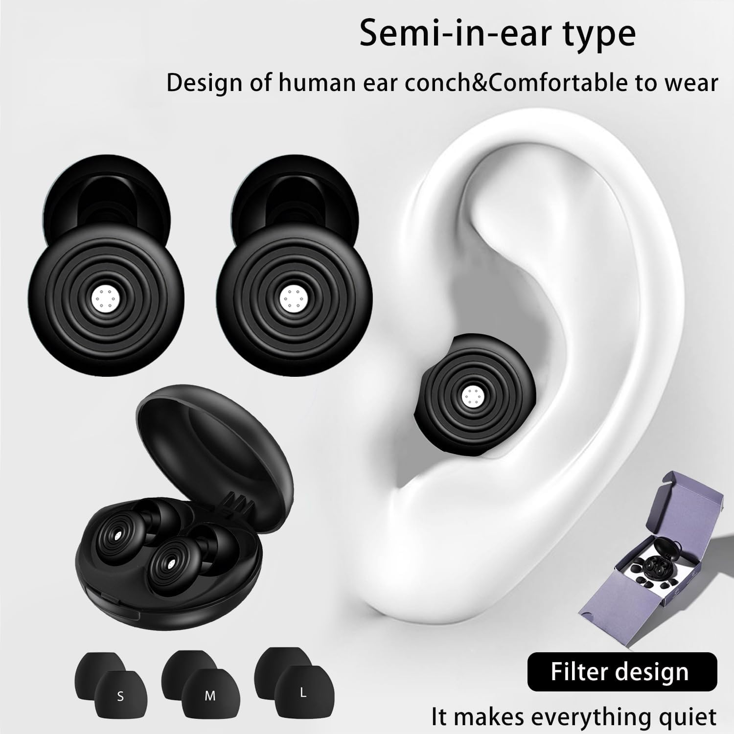 Ear Plugs for Sleeping - Noise Cancelling Earplugs with 23Db SNR Reduction, Reusable Sleep Earbuds for Focus, Travel & Noise Sensitivity, 3-Size（S/M/L) Tips & Carry Case Included image number 3