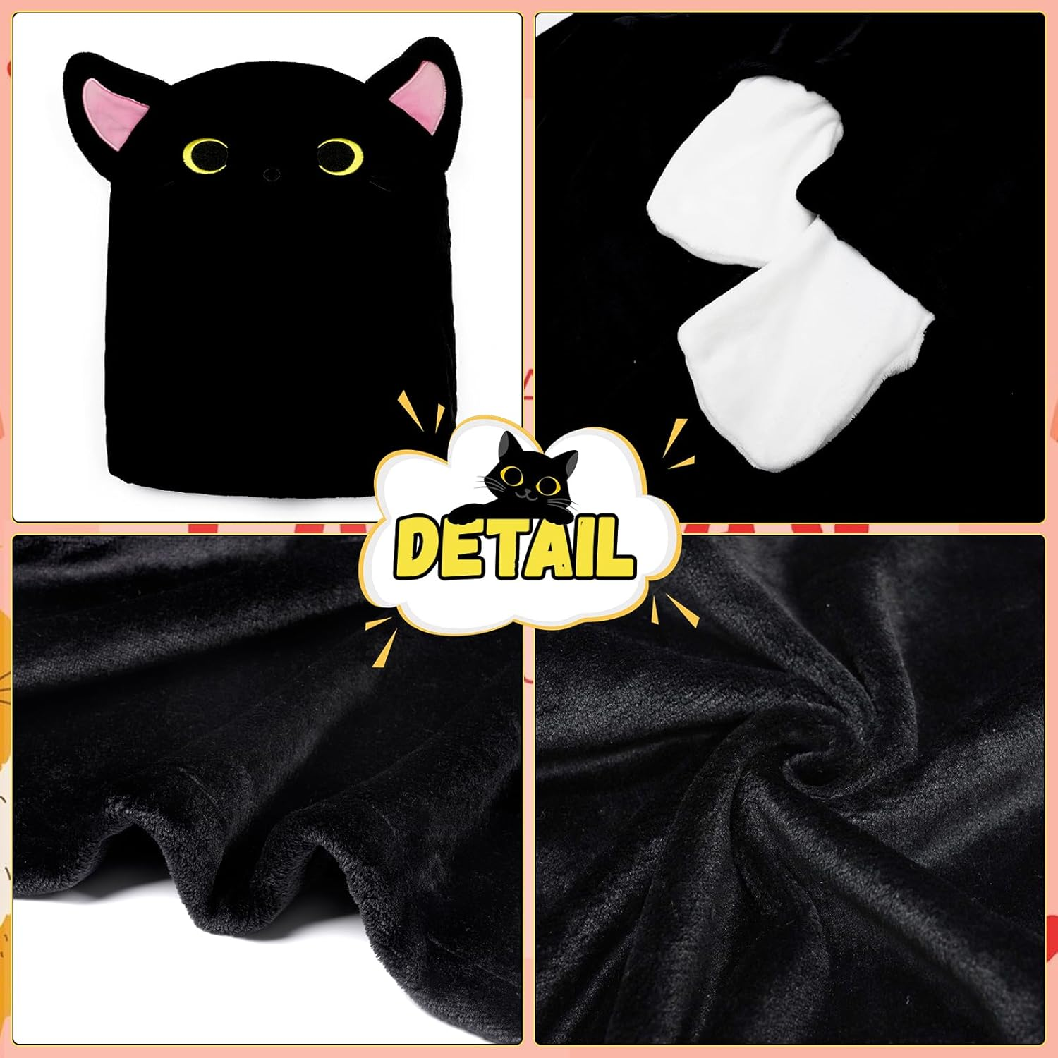 MUFEIRUO Portable Blanket, Black Cat Portable Hooded Blanket, Cosy Flannel Fleece Hoodie Throw Coat Wrap for Winter