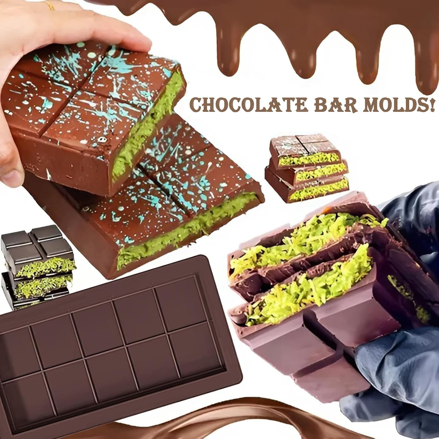 Chocolate Bar Mold,Bonlaer 2 Pcs Stuffed Chocolate Bar Molds Silicone Shapes,Diy Deep Chocolate Candy Kitchen Baking Moulds,10 Grids image number 4