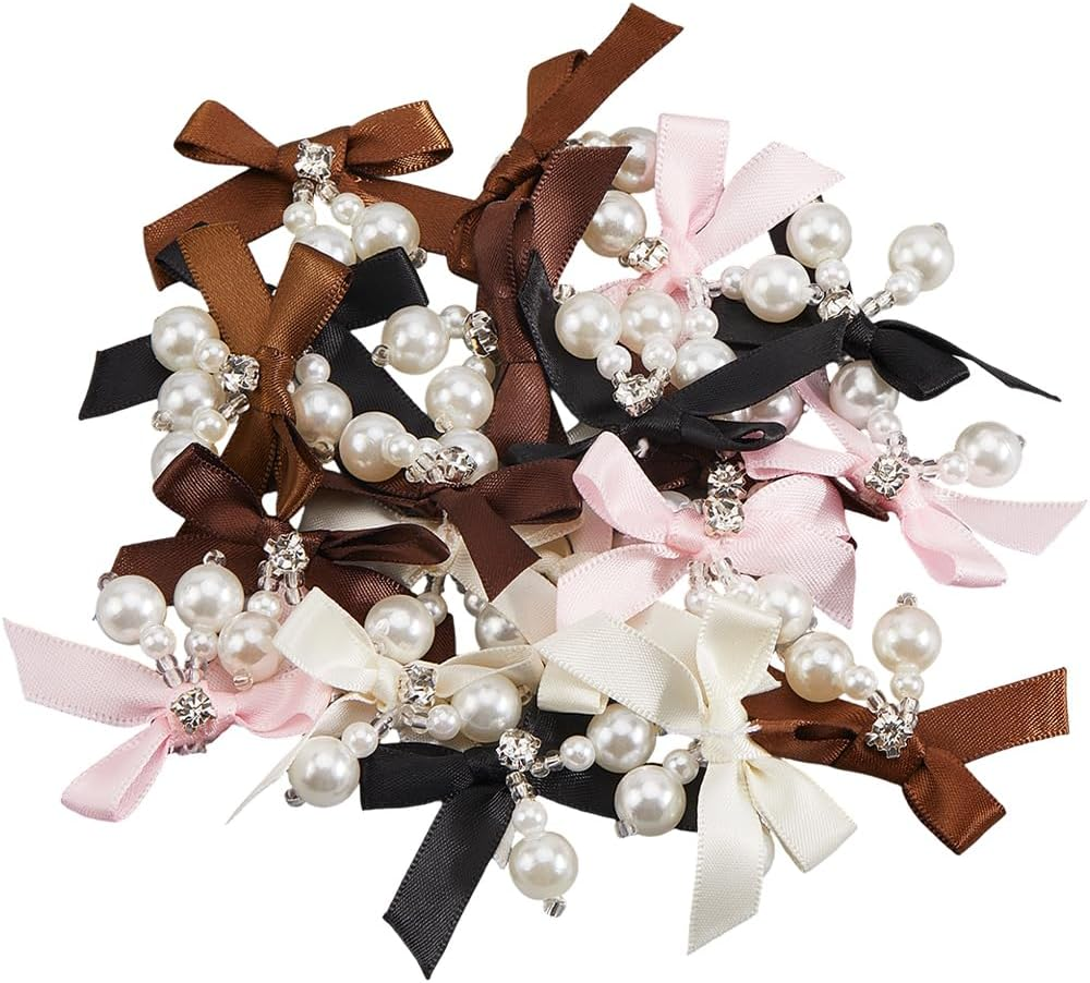 SOFPLATE 5 Color 20Pcs Twist Tie Bows Bulk Tiny Ribbon Bows with Pearls Small Coquette White Pink Brown Black Sweet Cute Satin Pastel Bows for Hair Clip DIY Crafts Sewing Gift Wrapping Valentine Day image number 3