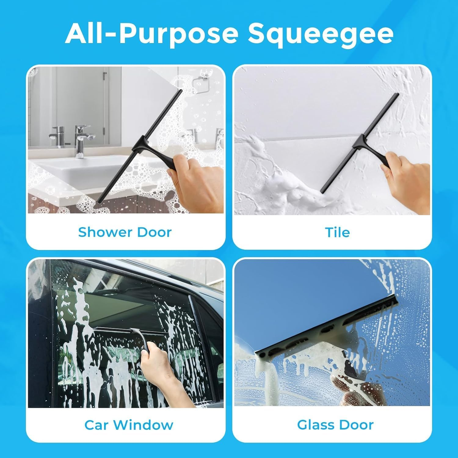 10 Inch Squeegee for Shower Glass, Black Shower Squeegee with Adhesive Hooks Heavy Duty, Non-Slip Long Handle, Spare Blade, All-Purpose Squeegee Cleaning for Bathroom Doors Car Window (Silver) - Black image number 2