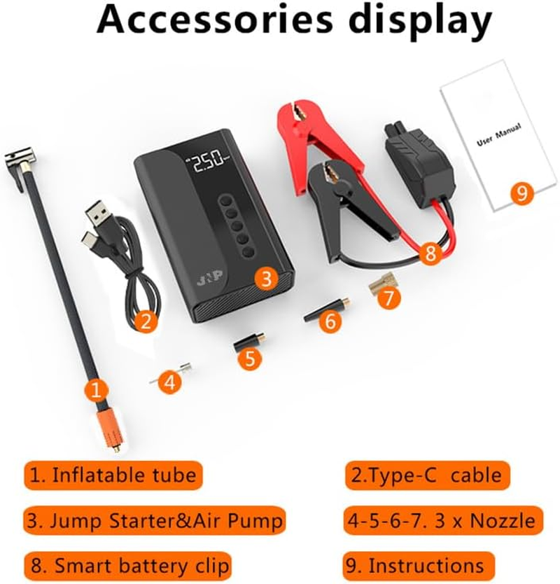 2000A Car Jump Starter with Air Compressor& LED Light, 150PSI Portable Tire Inflator, 12V Battery Booster, LCD Display - Black image number 1
