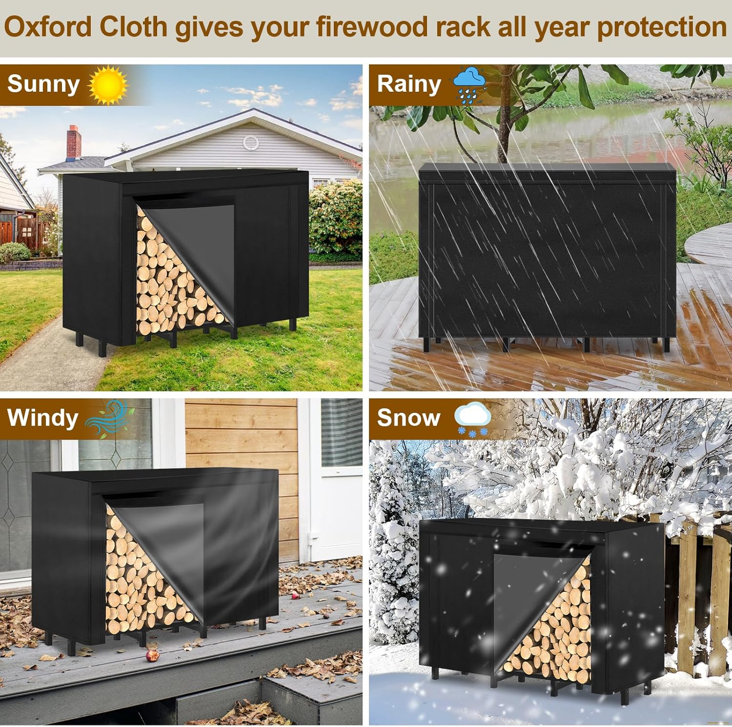 4FT Outdoor Firewood Rack, Wood Storage with 600D Waterproof Oxford Cover Heavy Duty 8 Legs Firewood Log Holder Indoor with Log Carrier, Gloves, and Kindling Hooks for Fireplace Patio Deck Wood Rack image number 1