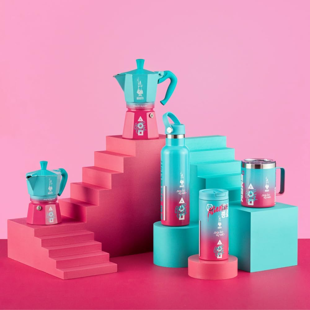 Bialetti Travel Mug &ndash; Squid Game Edition | Double-Walled Stainless Steel Mug | Thermal Travel Mug | Gradient Pink and Teal Design | Keeps Drinks Hot or Cold | 360 Ml Capacity