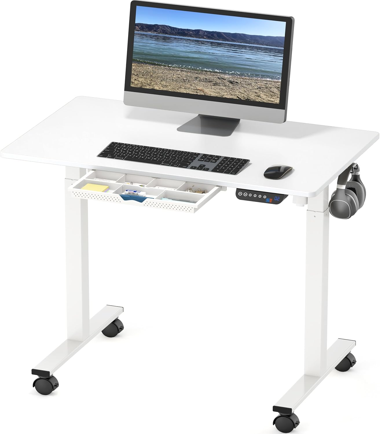 SHW 100 X 60 Cm Mobile Electric Standing Desk, Height Adjustable with Drawer, Hanging Hooks and Cable Management, White