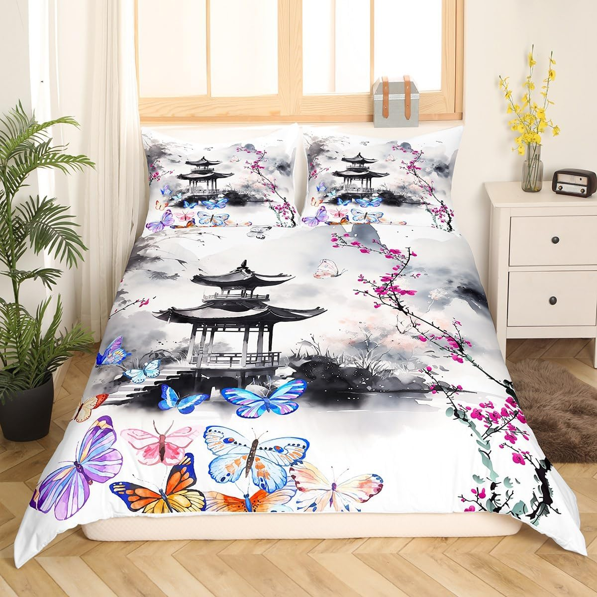 Manfei Chinese Style Duvet Cover Set Twin Size, Watercolor Butterfly Flower Comforter Cover with 1 Pillowcase, Ink Painting Mountain Bedding Set 2Pcs for Kids Boys Girls Lightweight Bedspread Cover image number 4