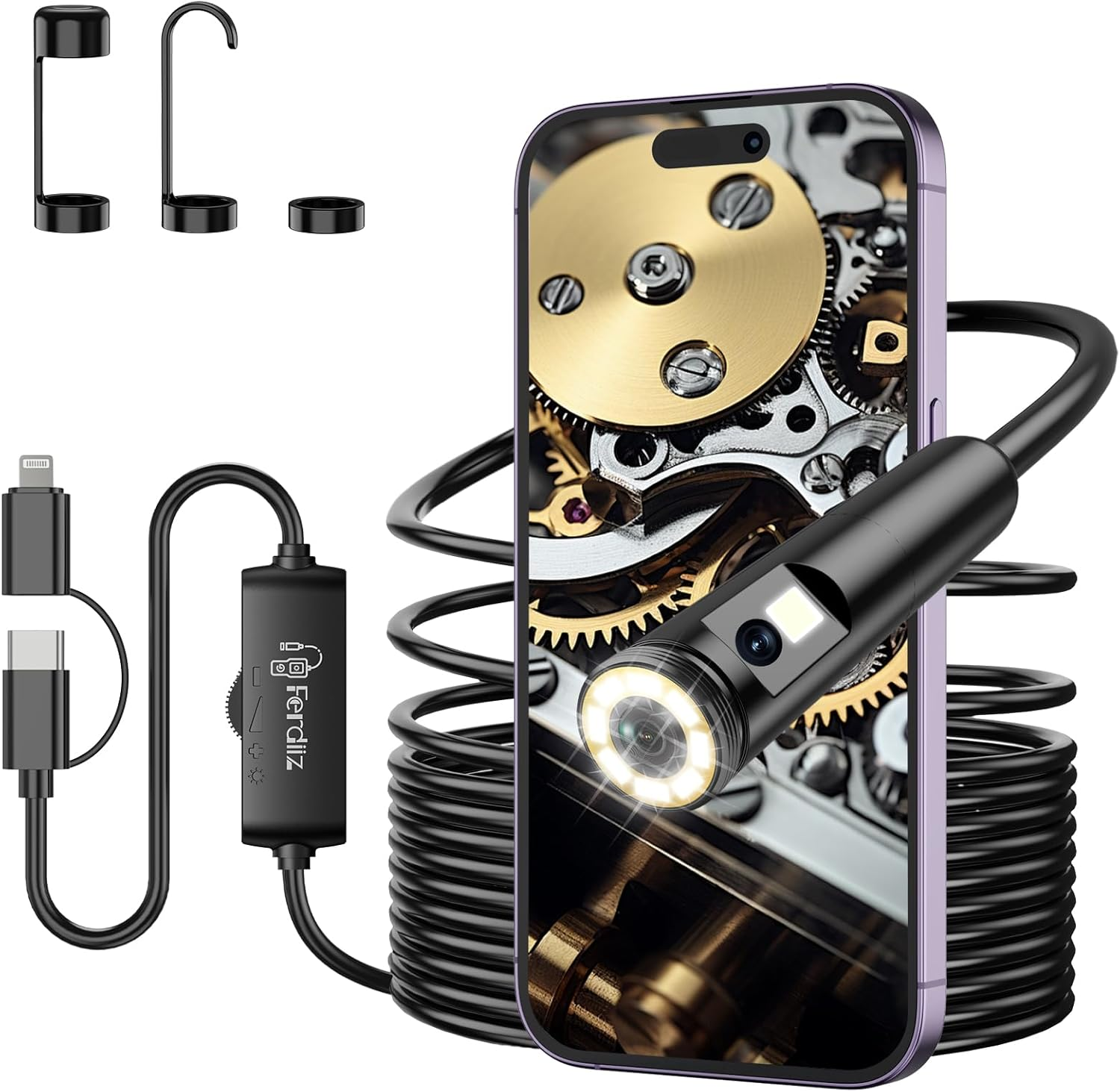 Dual-Lens Endoscope Inspection Camera, 1920P HD Ferdiiz Borescope Camera, 16.4Ft Semi-Rigid Snake Cable, 8 Adjustable Leds, IP67 Waterproof Drain Pipe Endoscope Cool Gadgets Tool for Ios9+ Android 6+ image number 5