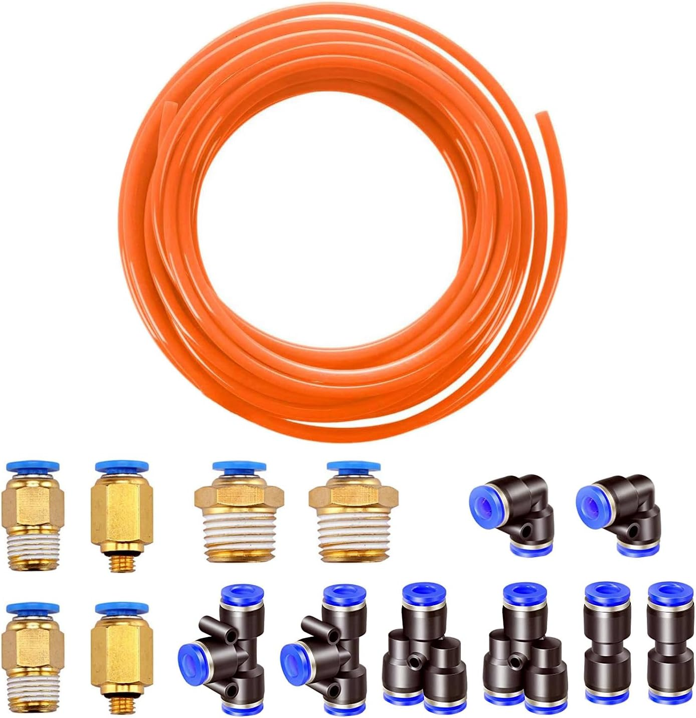 HUAZIZ 10 Metres PU Pneumatic Hose Flexible Compressed Air Hose Outdoor 8 Mm X Inner 5 Mm Black with 8 Pneumatic Connectors Air Push Quick Couplings (Y/T/L/I Shaped)