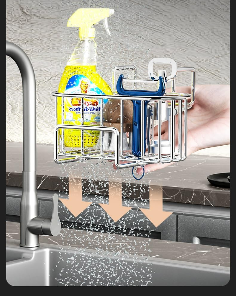 Sponge Holder for Kitchen Sink, Rust-Proof Stainless Steel Sink Holder, Suitable for Holding Sponges, Brushes, Sink Plugs, Cleaning Tools - Black image number 3