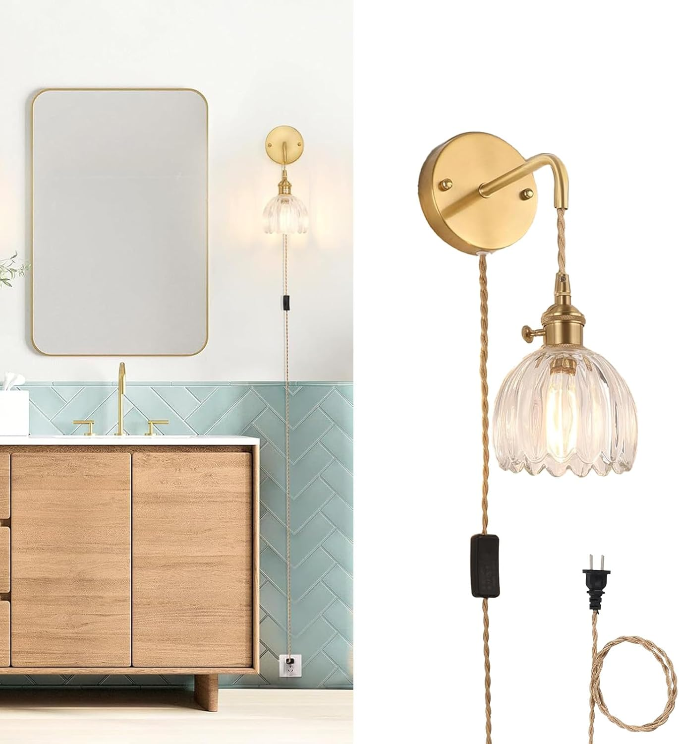 Wall Light Plug in Vintage E27 Wall Lamps with Plug in Cord Lights with Switch Indoor Wall Sconces with Tulip Glass Lampshade for Living Room Bedroom Hallway Stairs (Bronze,A) XXZ image number 6