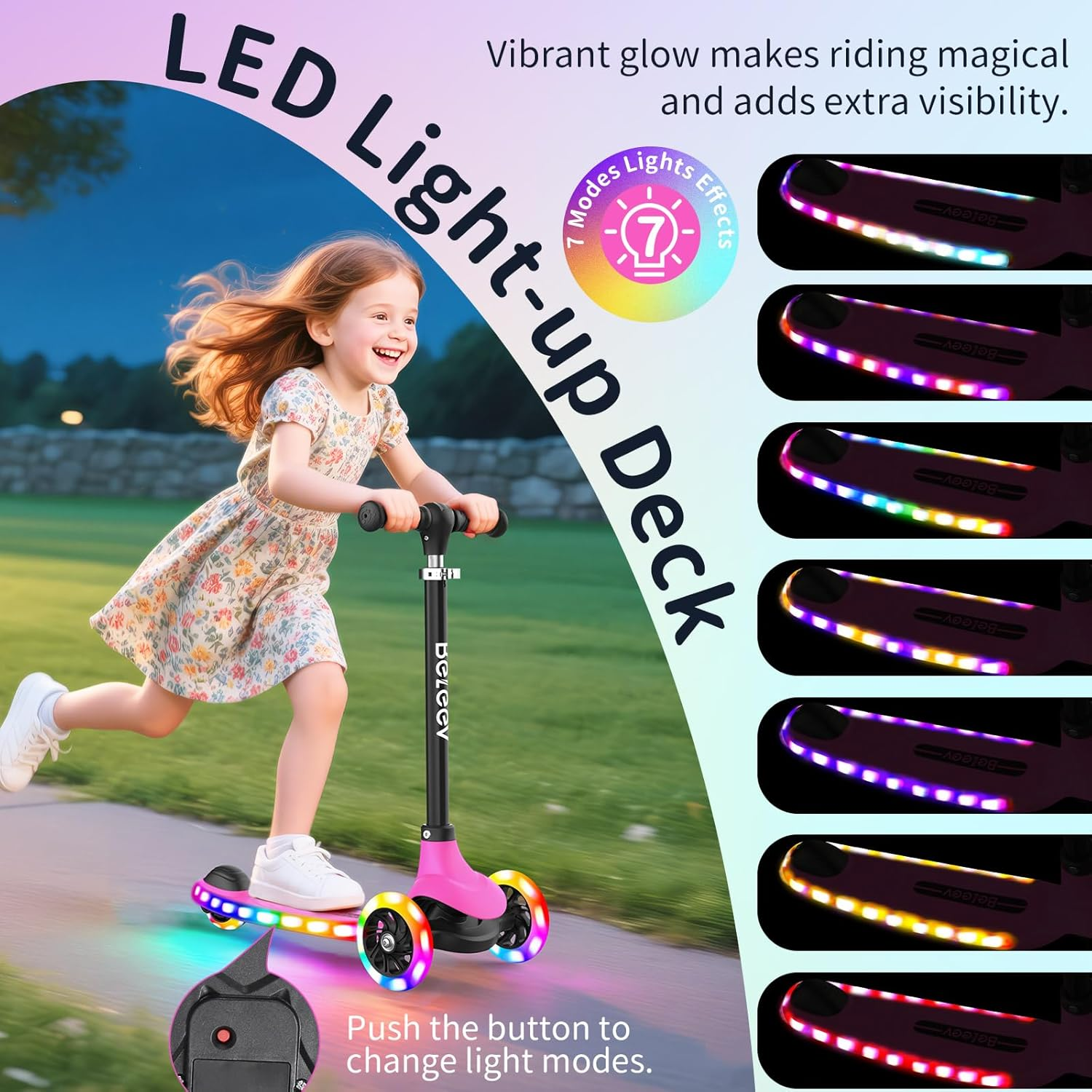 BELEEV A6 Kids Scooter with Light-Up Wheels & Deck, 3 Wheel Scooters for Girls Boys Ages 3-8, 4 Adjustable Height, Lean to Steer, Non-Slip Deck, Toddler Scooter for Children