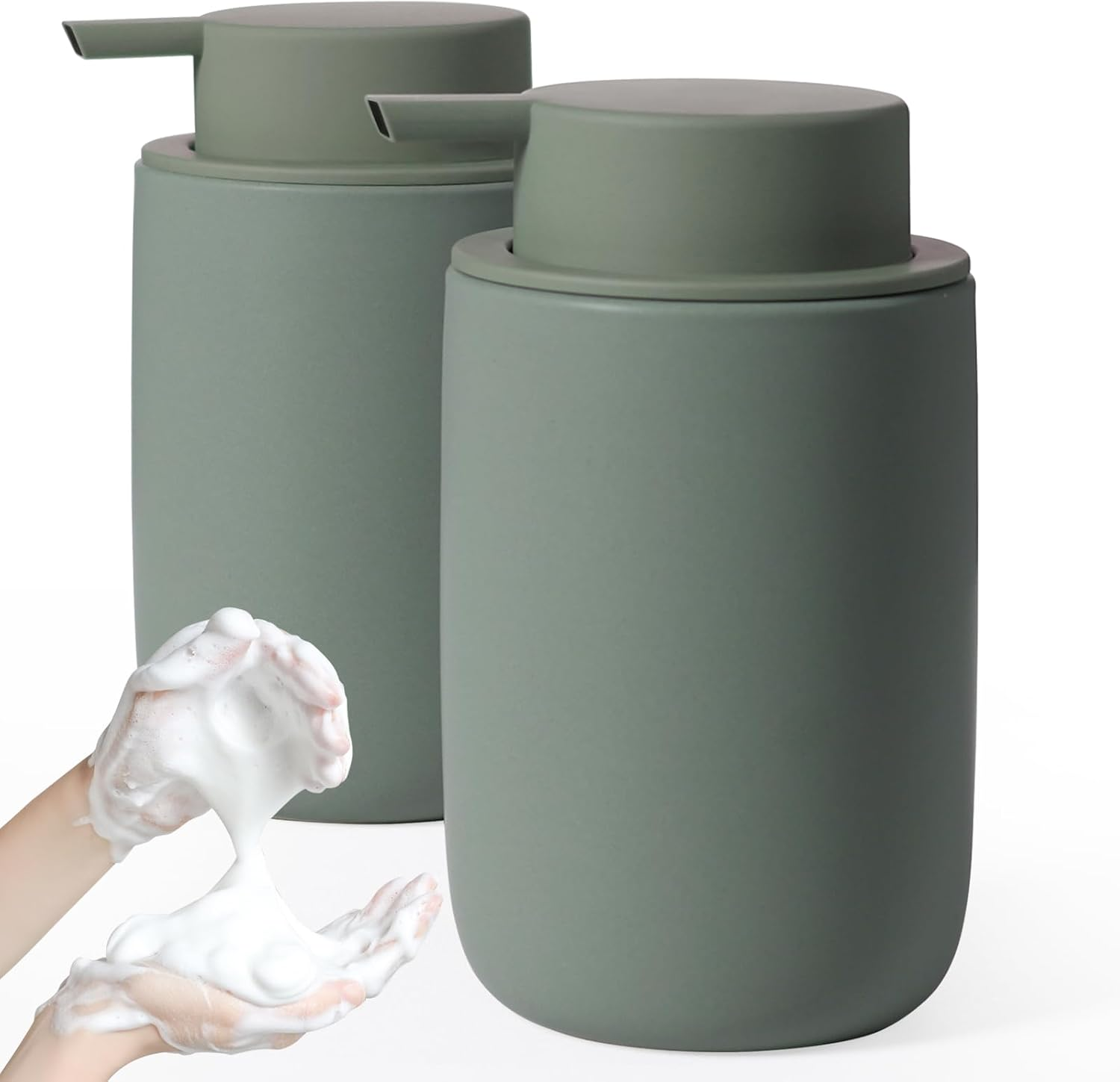 Autumnlife Ceramic Soap Dispenser Set, Grey, Pack of 2 Washing-Up Liquid Dispenser, 350 Ml Soap Dispenser with Large Pump and Label, Refillable Dish Soap Dispenser, Suitable for Kitchen, Bathroom,