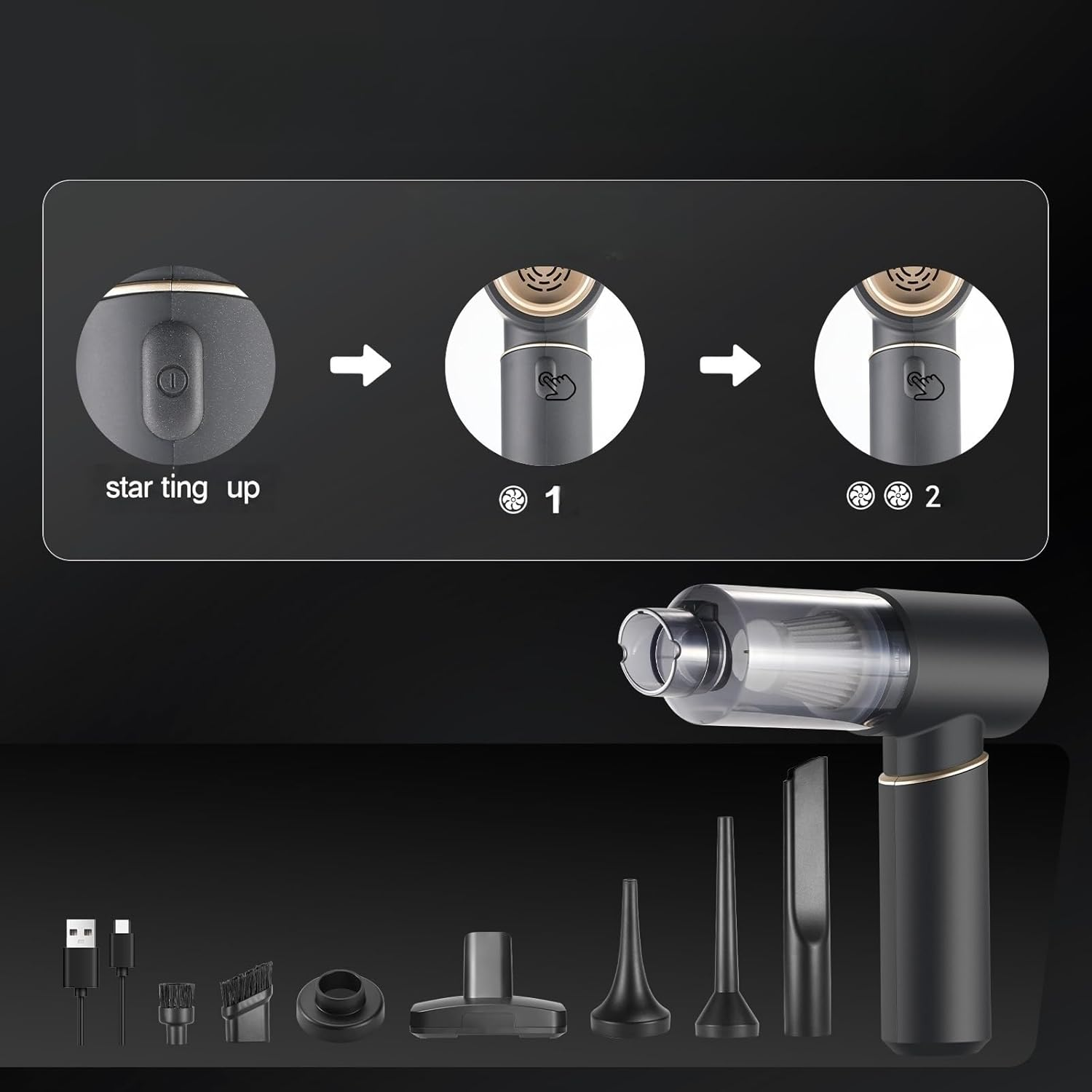 Car Vacuum Cleaner,16000Pa High Power Mini Vacuum Cleaner,Rechargeable Handheld Vacuum,Portable Cordless Compressed Air Duster Air Blower for Car Home (Goldblack) image number 6