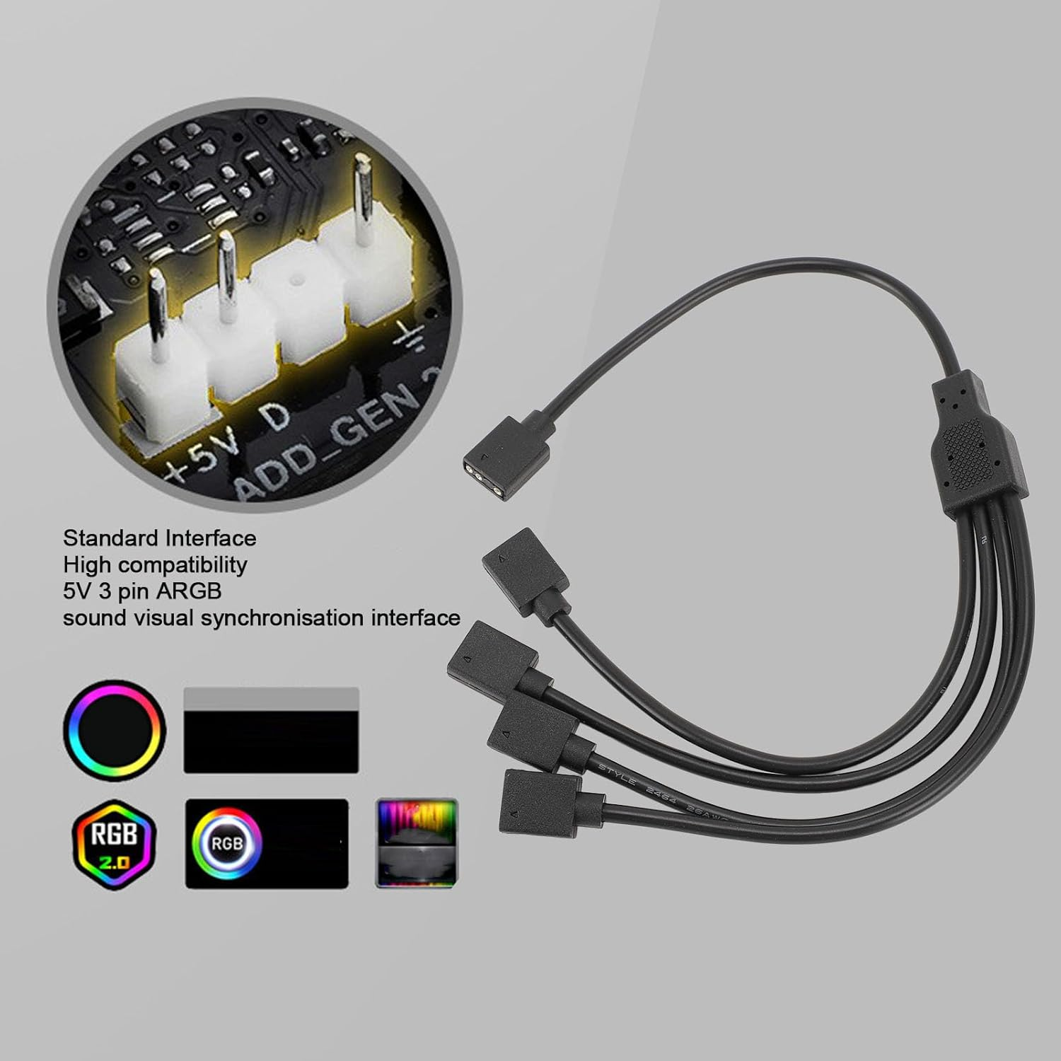 ARGB Splitter Cable, 1 to 4 Female to Female 3 Pin RGB Splitter Extension Cable for Computer Chassis CPU Cooler and 5V ARGB Fan (Black) image number 2