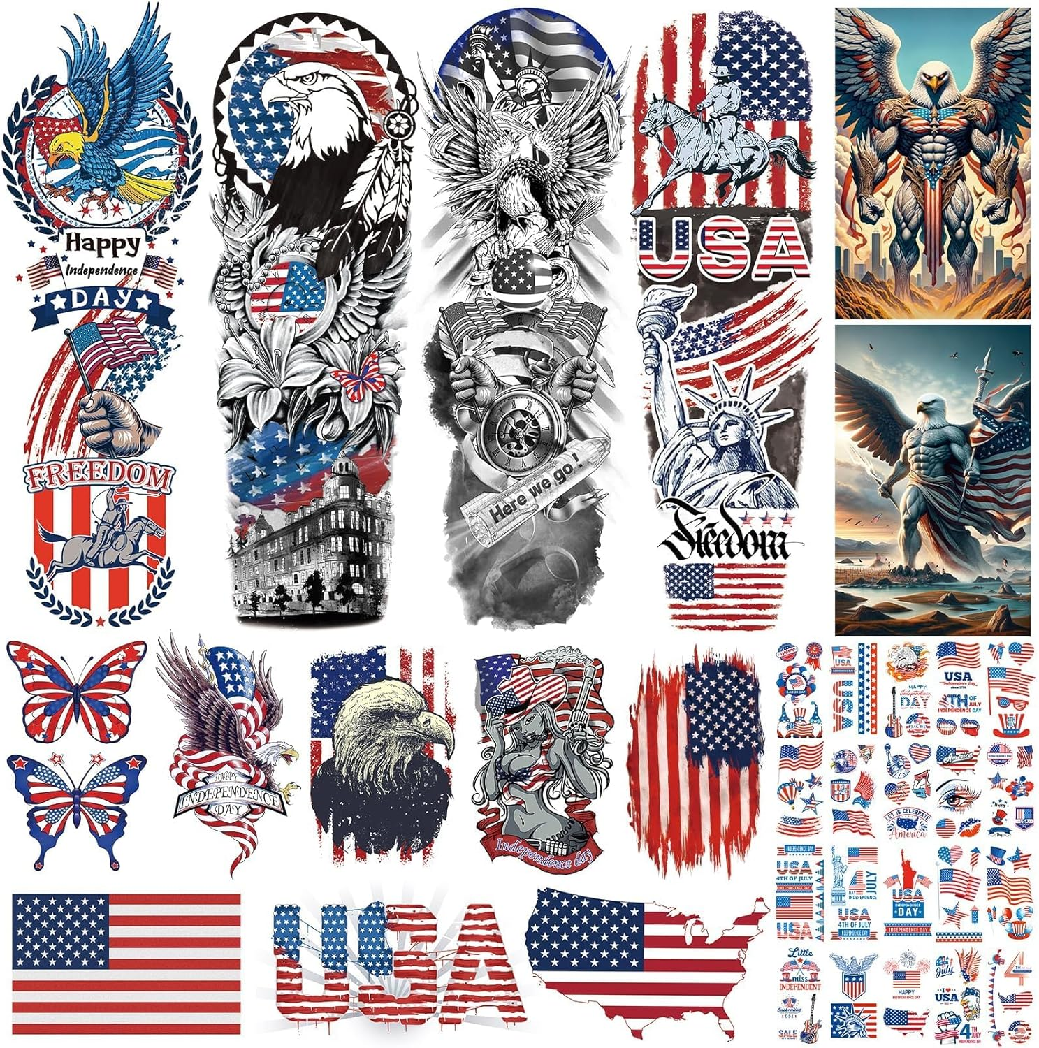 Aresvns Independence Day Temporary Tattoo, USA Flag Sleeve Tattoo, Red White and Blue Party Supplies, 4Th of July, Memorial Day, Labor Day Decorations Tattoos Patriotic Tattoos image number 6