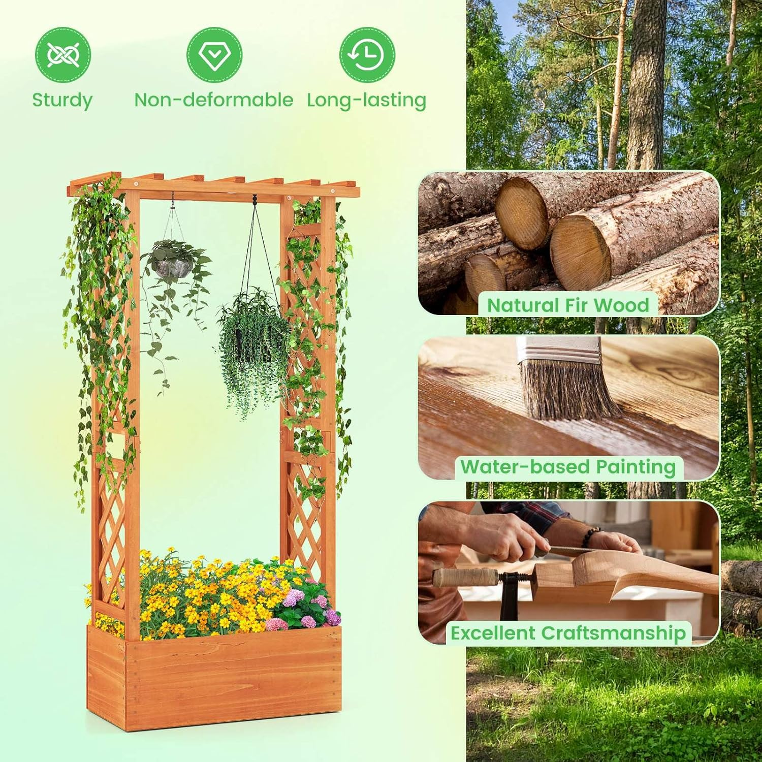 Costway Raised Garden Bed with Trellis, Wood Freestanding Planter Box with Hanging Roof, Drainage Holes for Climbing Plants, Flowers, Vegetables, Indoor Outdoor Planting Bed for Patio Yard - Type 2 image number 5