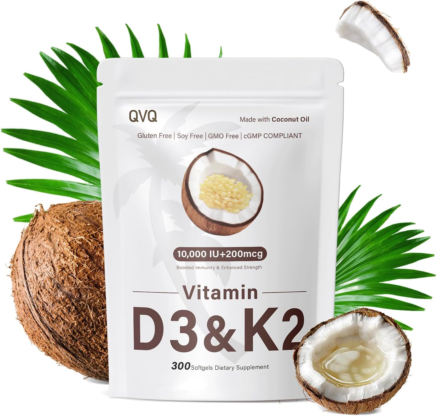 300 Pcs 2 in 1 Vitamin D3 10000 Iu plus K2 (MK-7) 200 Mcg Virgin Coconut Oil Softgels with Vitamins D & K Supports Calcium Absorption &ndash; Easy to Swallow image number 4