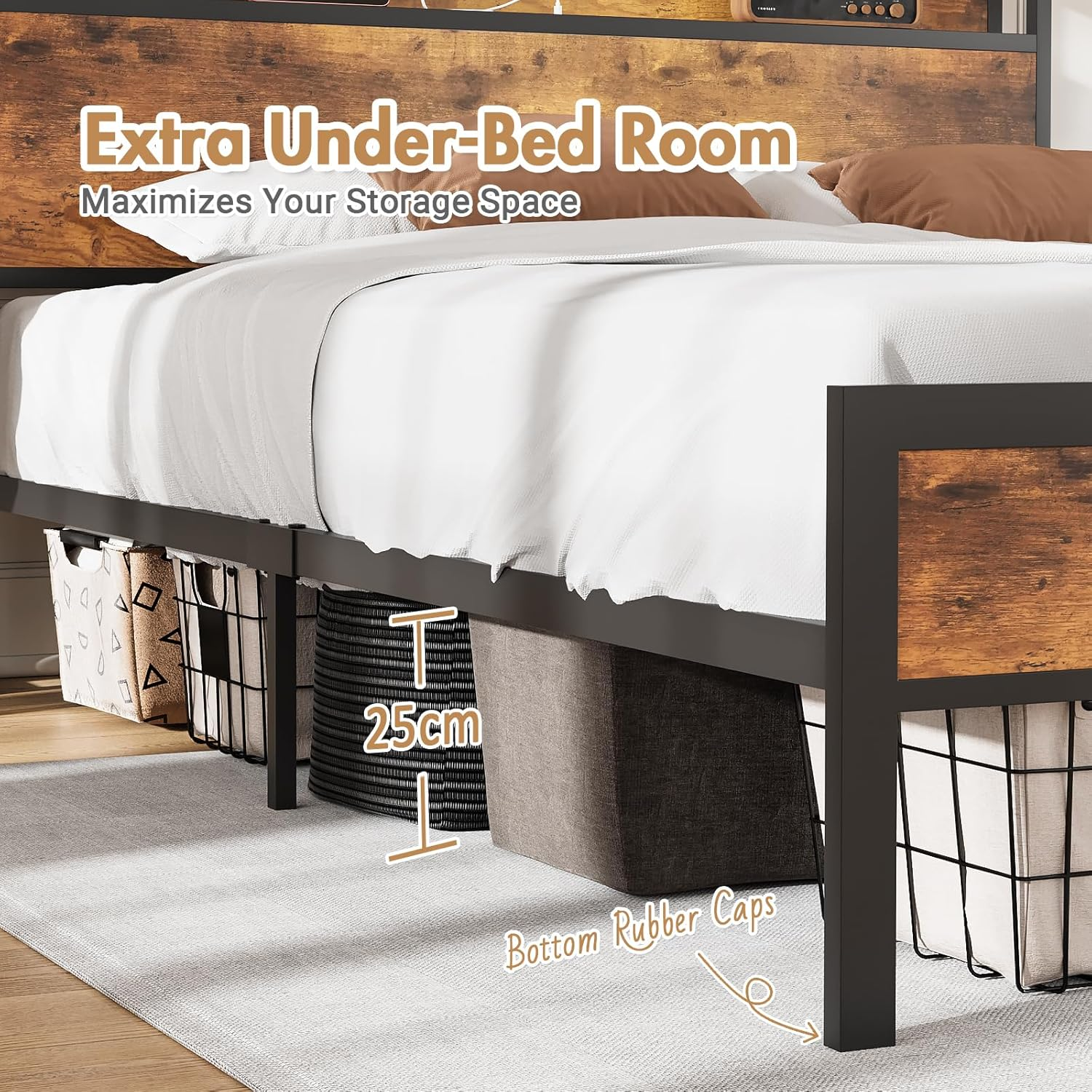 ADVWIN Double Size Bed Frame, Storage Headboard with Charging Station, Industrial Upholstered Platform Bed with Metal Mattress Base Support, No Box Spring Needed, Rustic Brown image number 3