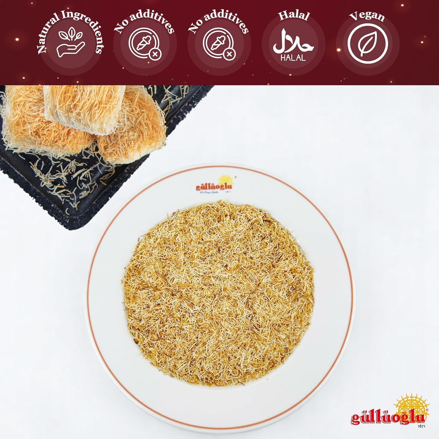 Gulluoglu Baked & Shredded Kataifi - 200 G - 0.44Lb Kadayif Chopped Fillo Dough, Shredded Phyllo, Kadayif Pastry Dough, Knafeh, Kunafa, Katifi, Kadayif Ingredient for Dubai Chocolate Bar image number 2