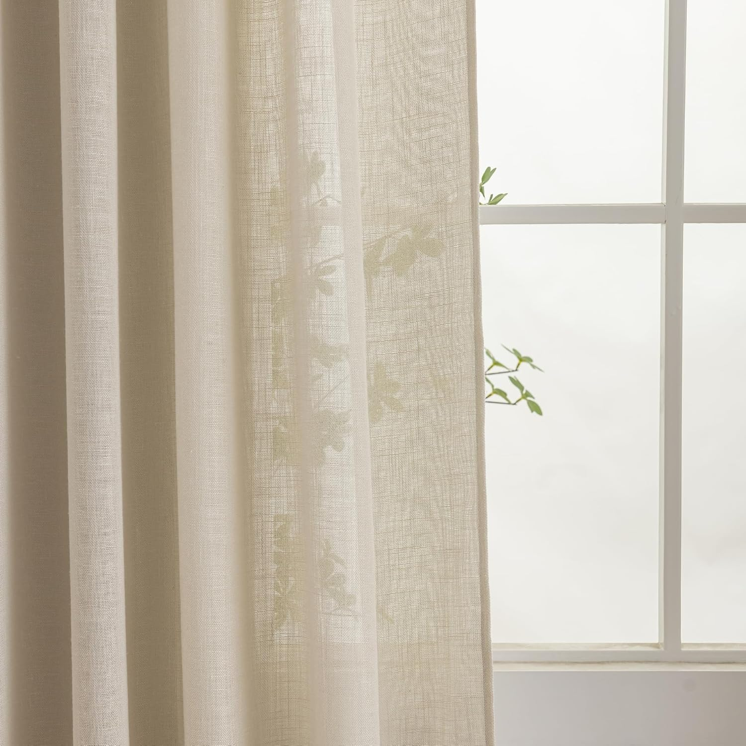 VOILYBIRD Natural Linen Semi Sheer Curtains Tab Top Light Filtering Elegant Curtains & Drapes for Living Room 52 X 84 Inch Length, 2 Panels, Linen Beige