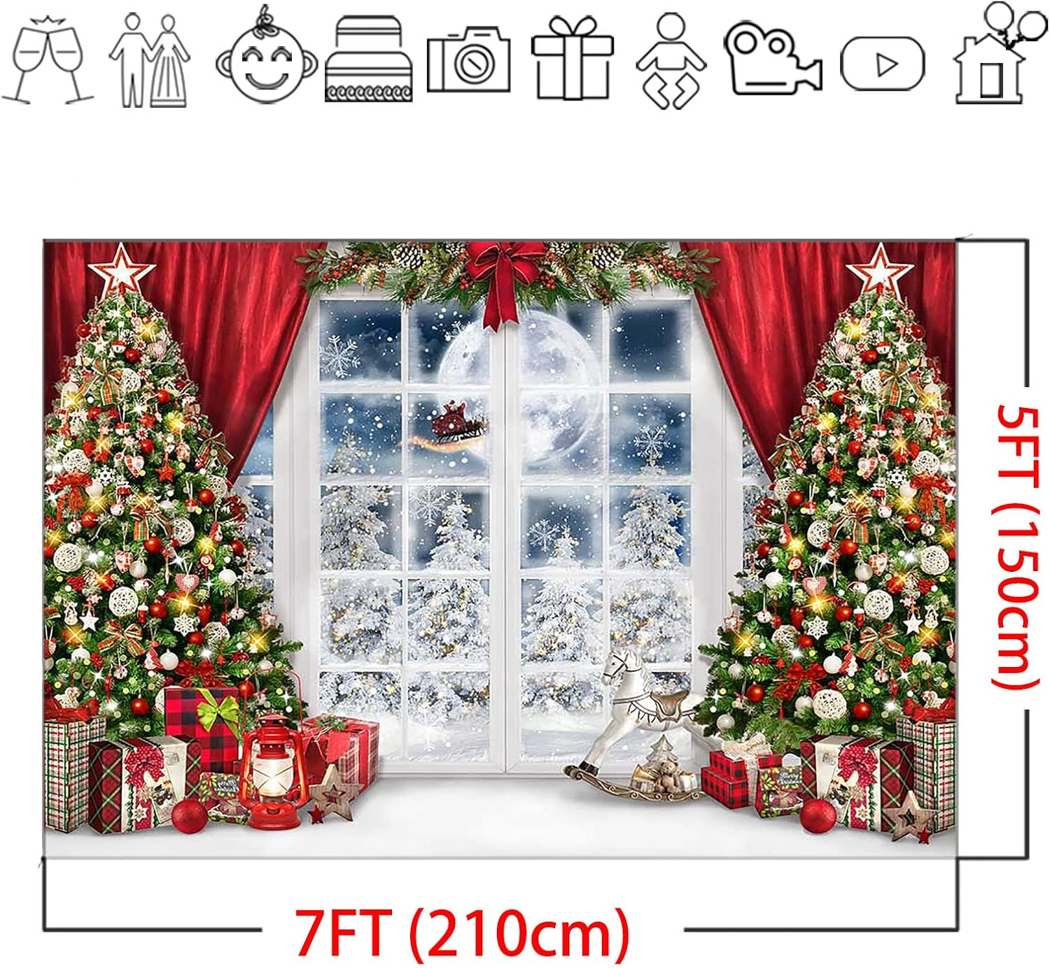 Mocsicka Christmas Window Backdrop for Photography Winter Xmas Trees Merry Christmas Party Decorations Photo Backdrops Xmas Night Santa Claus Photography Background (7X5Ft) image number 2