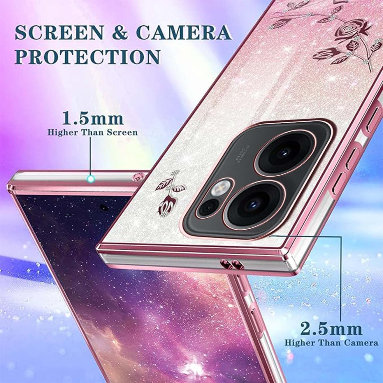 YUEQIAN Glitter Case for Oppo Reno13 F 5G/Reno 13F 4G/Reno13 FS, Ultra Thin Transparent Soft TPU Silicone Shockproof Mobile Phone Case, Shiny Diamond Flowers Ring Stand Women Protective Case Pink image number 3