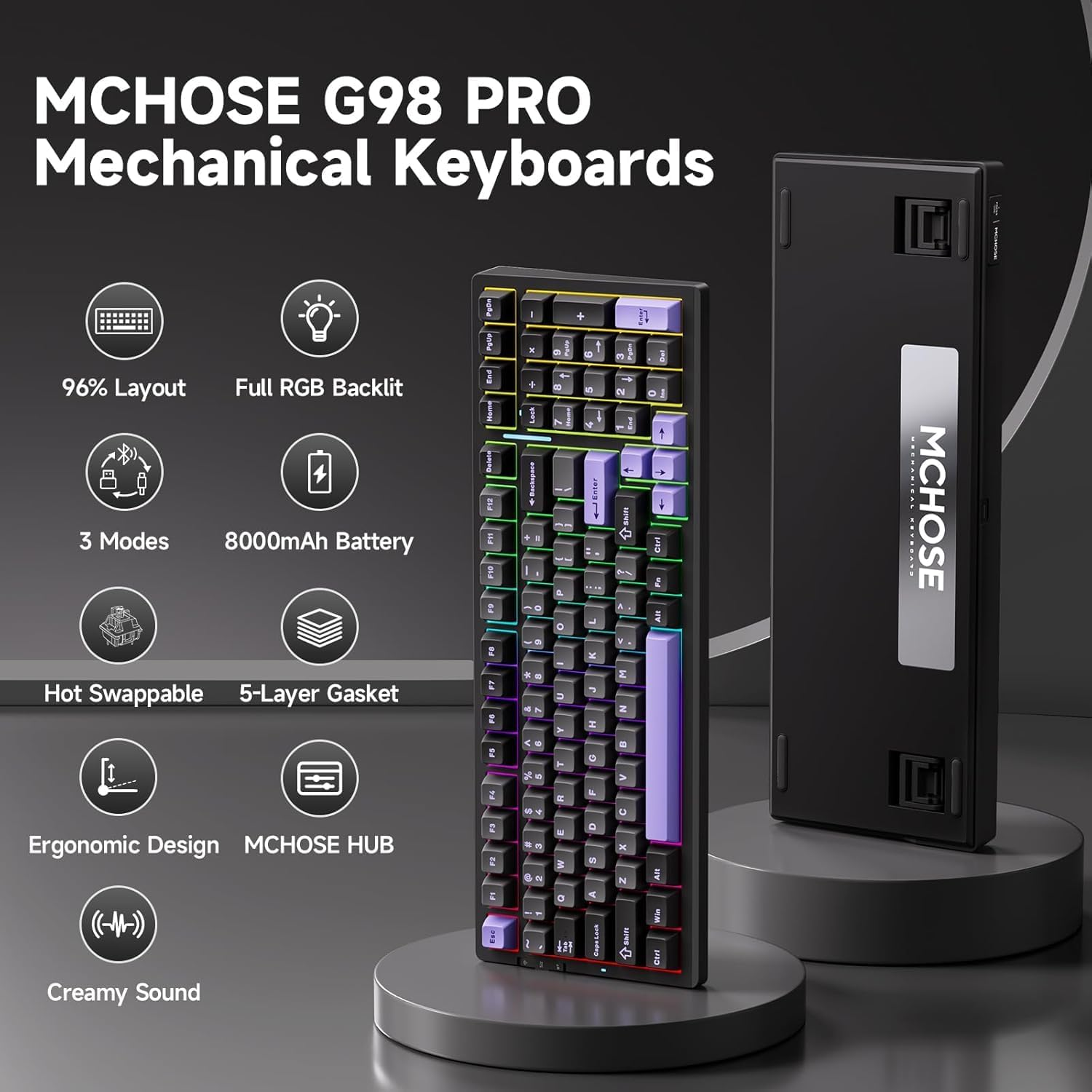 G98 PRO Wireless Mechanical Keyboard, Tri-Mode Connection Gaming Keyboard, Hot Swappable Custom Gasket Structure, Pre-Lubed Linear Switches, Double Shot PBT Keycaps RGB LED Backlit - Grayblue image number 4