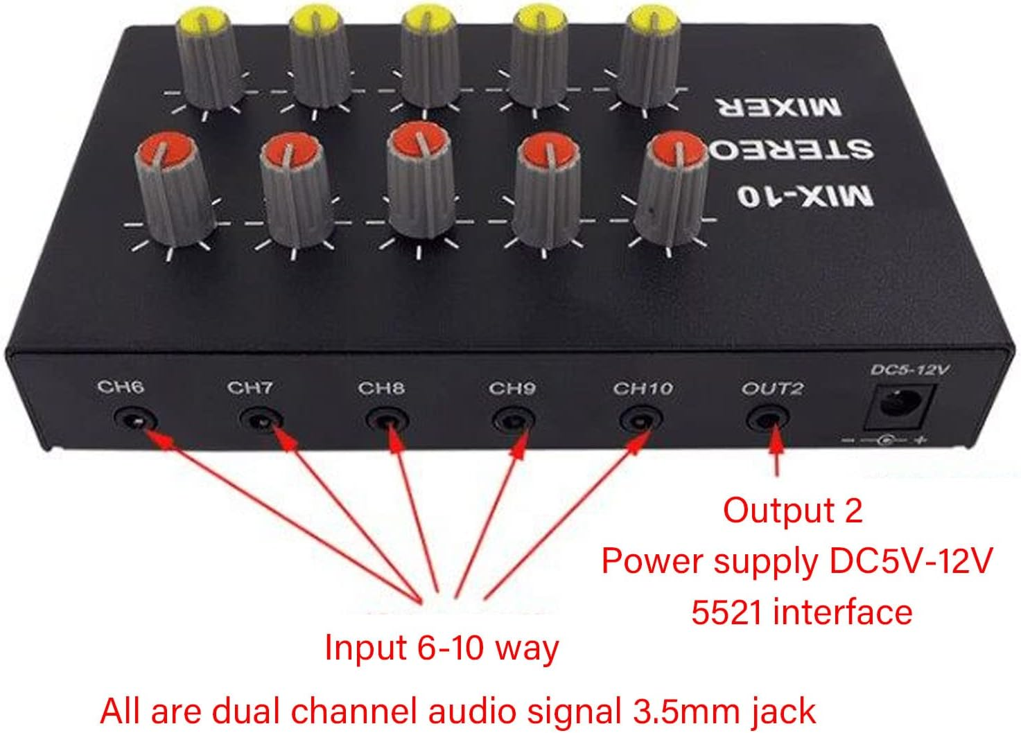 10 Channel Stereo Mixer, Adjustable Volume Aluminum Alloy Shell DC5‑12V Amplifier Mixer for Home Theater image number 1
