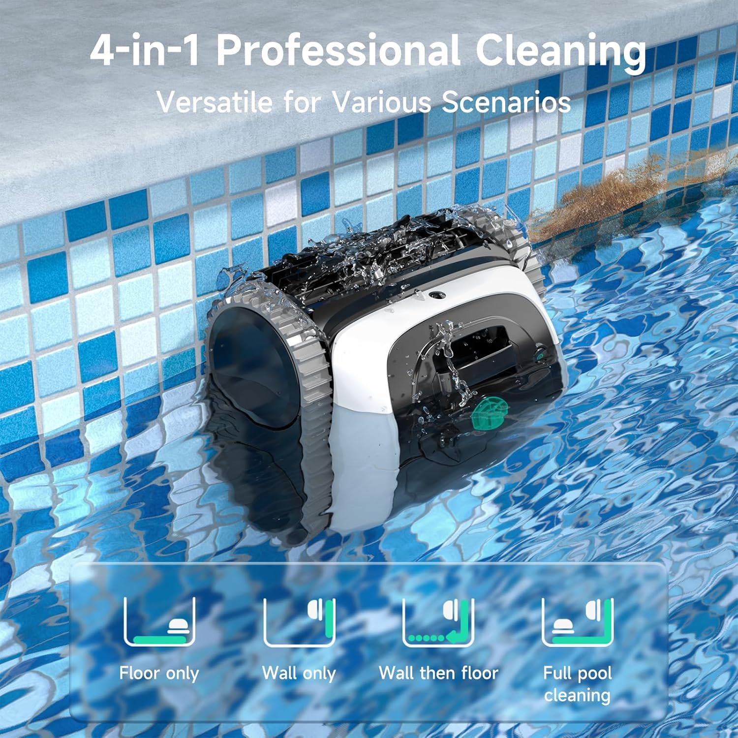 WYBOT C1 Cordless Pool Cleaner, Wall & Waterline Cleaning, Pool Vacuum Robot with Smart Route Planning, 150 Mins Runtime, for Inground Pools up to 150㎡ (Blackwhite & Green) image number 2