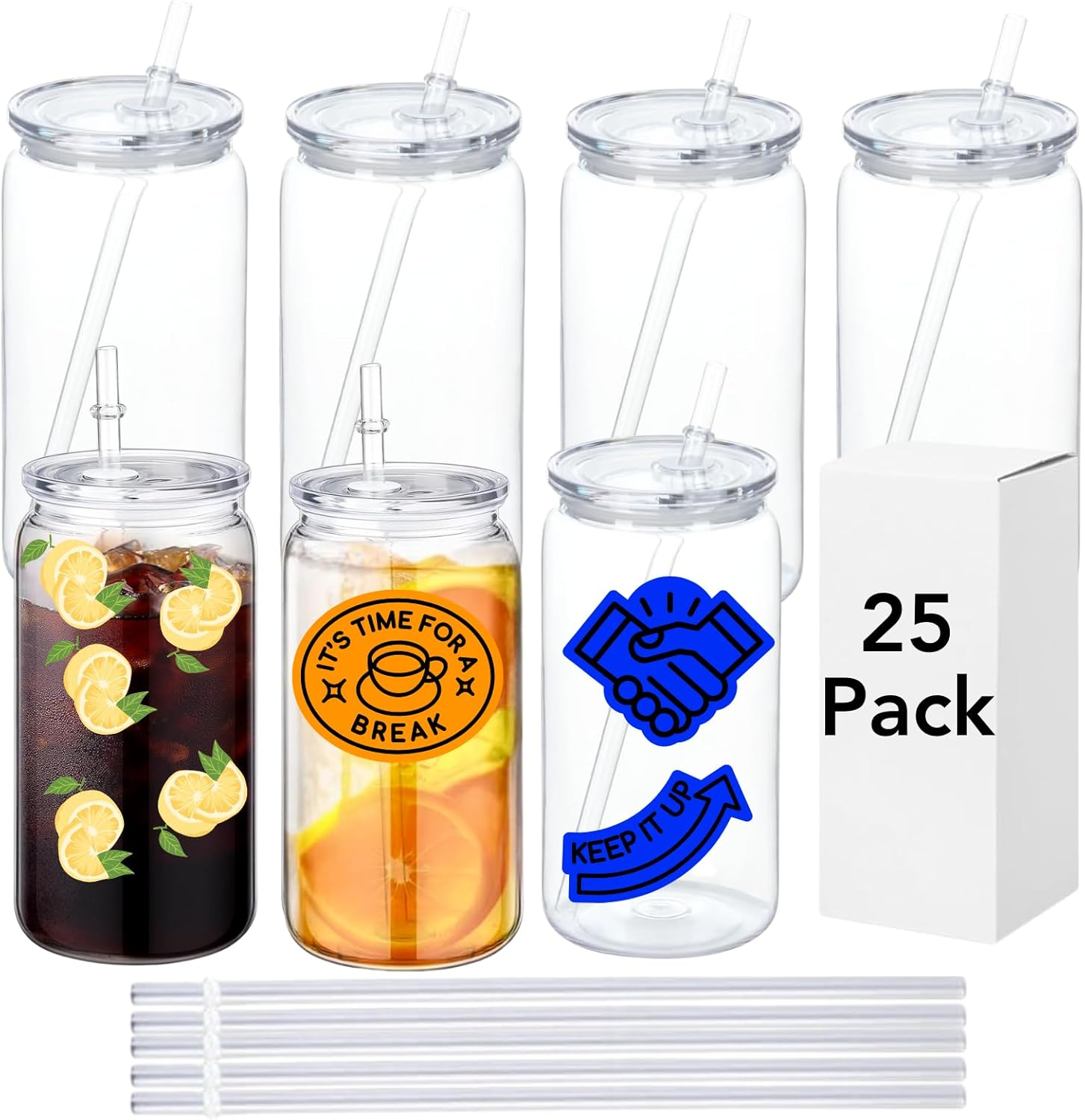 SUBCUB 25 Pack Clear Acrylic Mason Jar Plastic Tumblers with Lids and Straw 16Oz Plastic Cups Bulk Clear Drinking Plastic Beer Can Cups Iced Coffee Juice Cup for Smoothies, Milk, Coffee (No Brush)