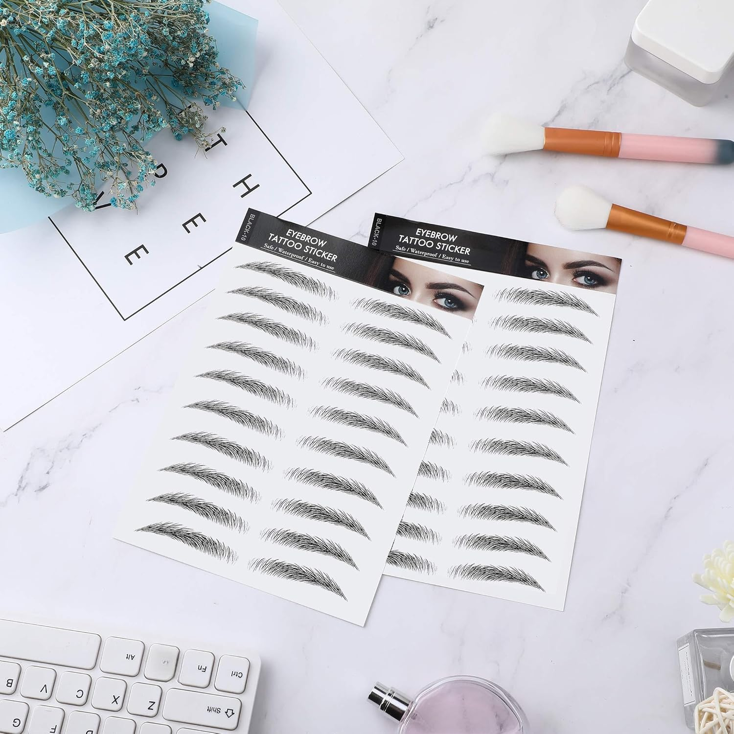 Blulu 6 Sheets 4D Hair-Like Waterproof Eyebrow Tattoos Stickers Transfers Temporary Brow Tattoo Peel off Grooming Shaping Sticker in Arch Style, 66 Pairs Black(Simple Styles) image number 5