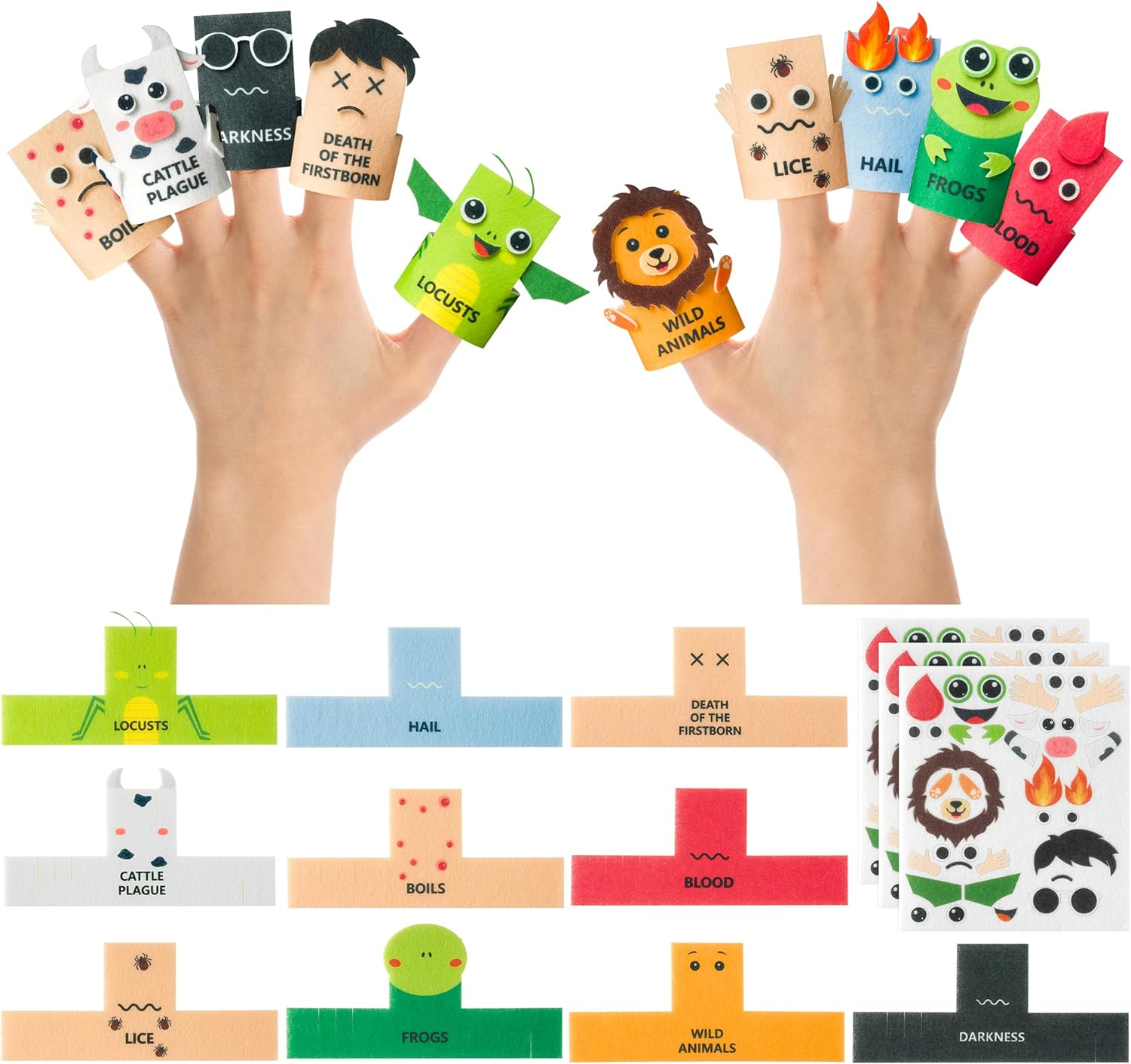 Cocnny Ten Plague Finger Puppets - 30Pcs Passover Felt Hand Puppet Making Kit, Make Your Own Fingers Puppets Toy for Kids, Religious Story Time Jewish Pesach Seder Passover Christian Party Supplies image number 1
