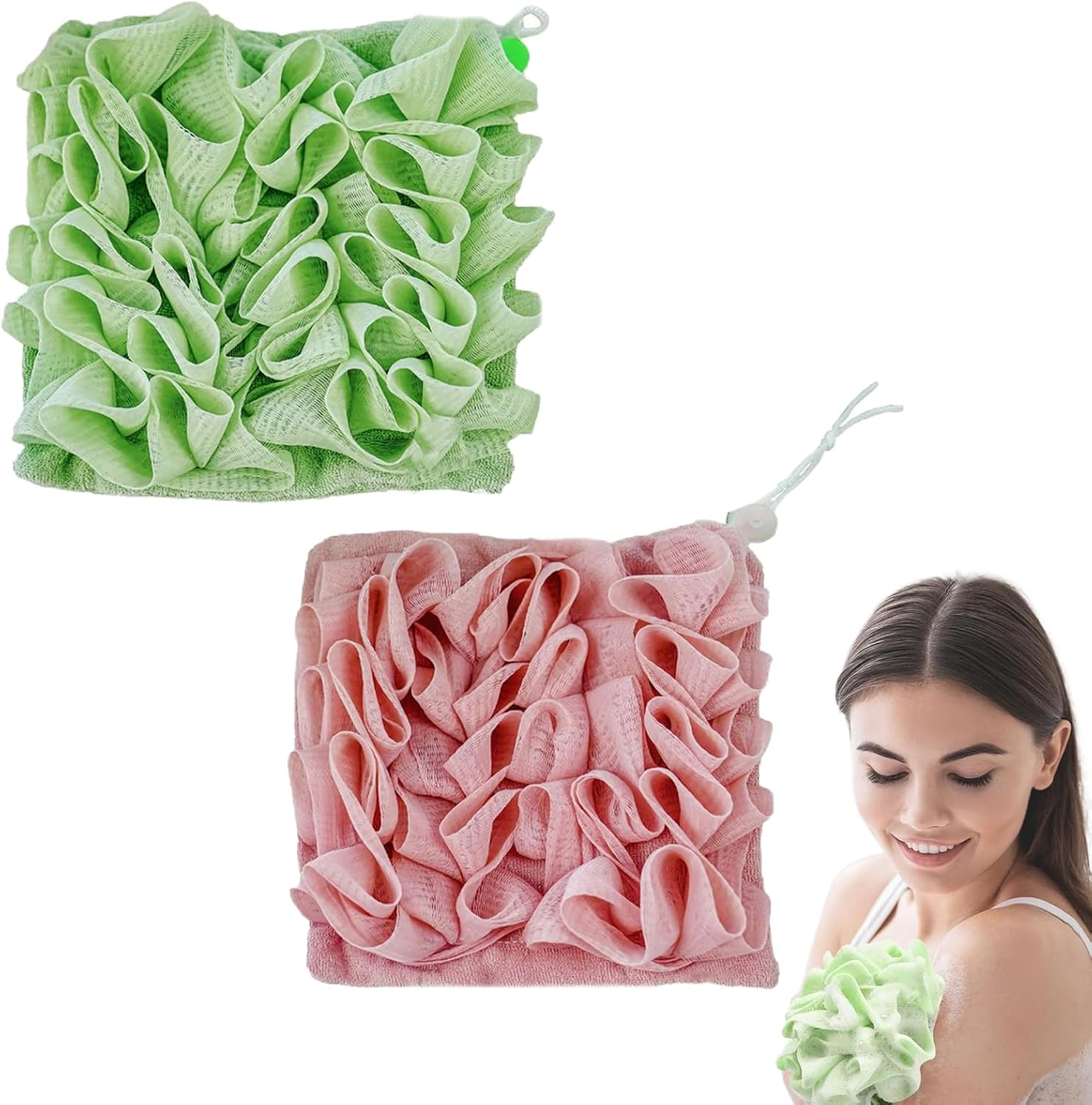 2Pcs Loofah Cloth for Bar Soap,2-In-1 Shower Washcloth Loofah Washcloth Pink and Green, Bar Soap Pouch for Cleansing and Smooth Skin image number 3
