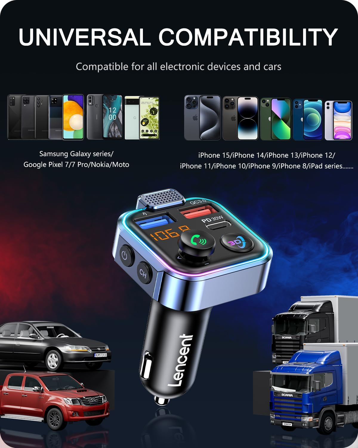 LENCENT Bluetooth 5.3 FM Transmitter, Wireless Radio Adapter Car Kit with Type-C PD 30W+ QC3.0 Fast USB Charger, Hands-Free Calling, Audio Stereo Mp3 Player Receiver, Supports U Disk, Color Light image number 6